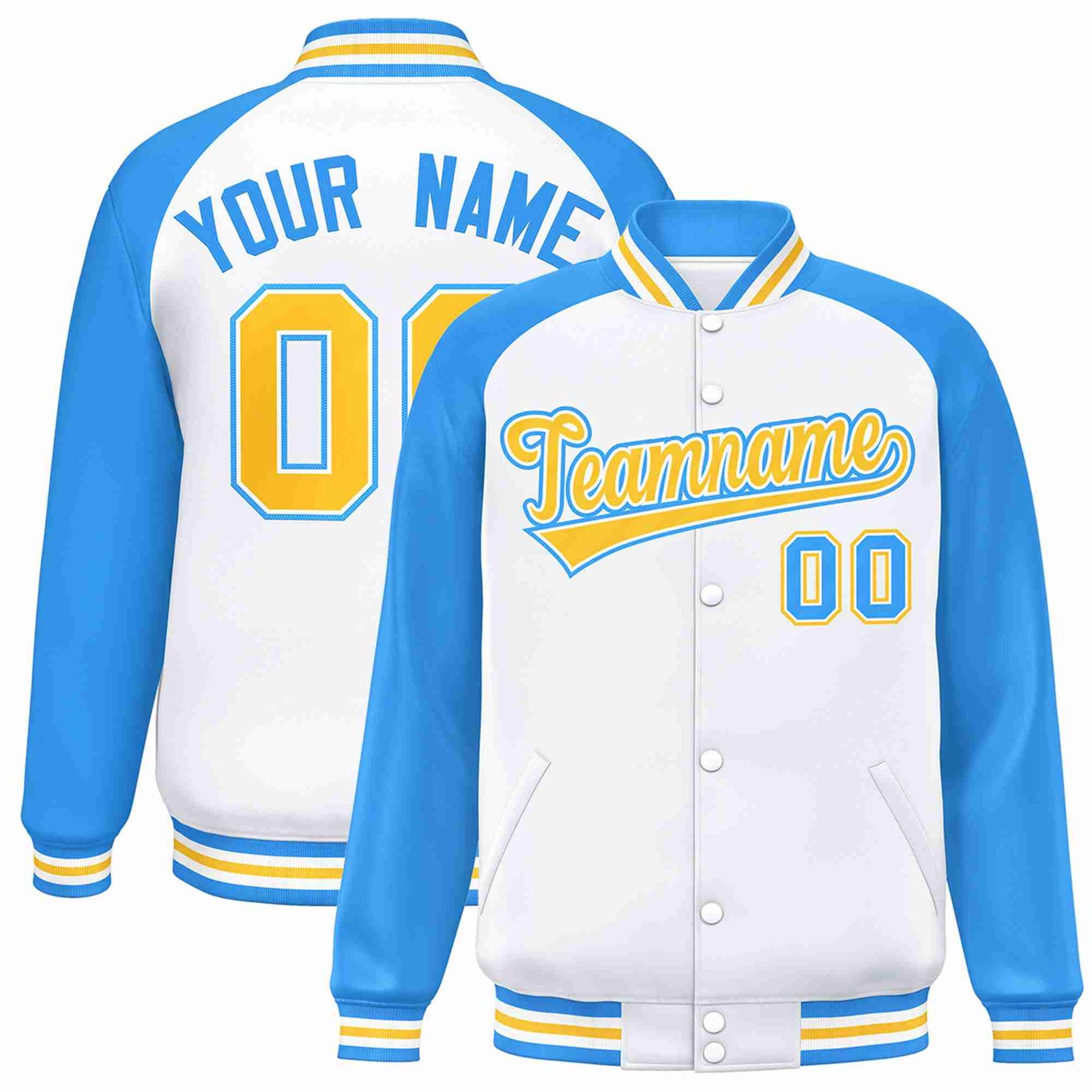 Custom White Gold-White Raglan Sleeves Varsity Full-Snap Letterman Jacket