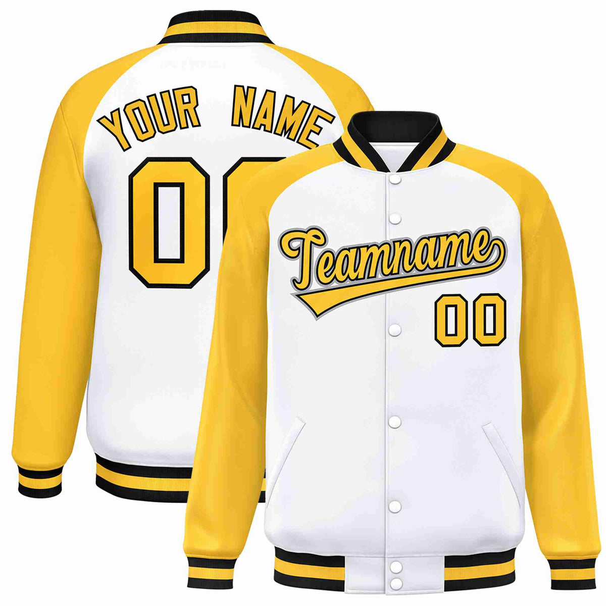 Custom White Gold-Black Raglan Sleeves Varsity Full-Snap Letterman Jacket