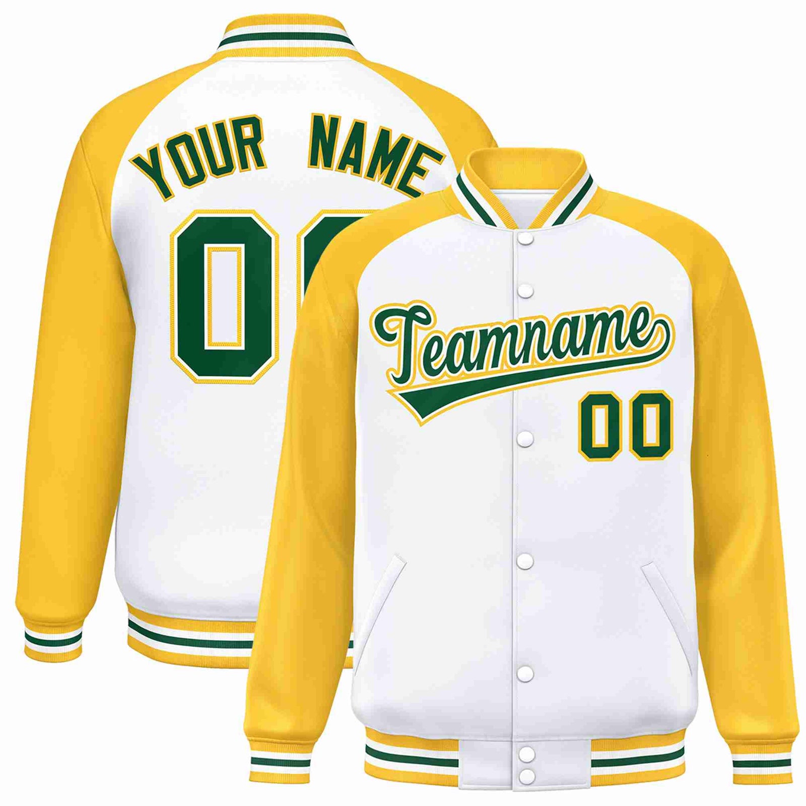 Custom White Green-White Raglan Sleeves Varsity Full-Snap Letterman Jacket