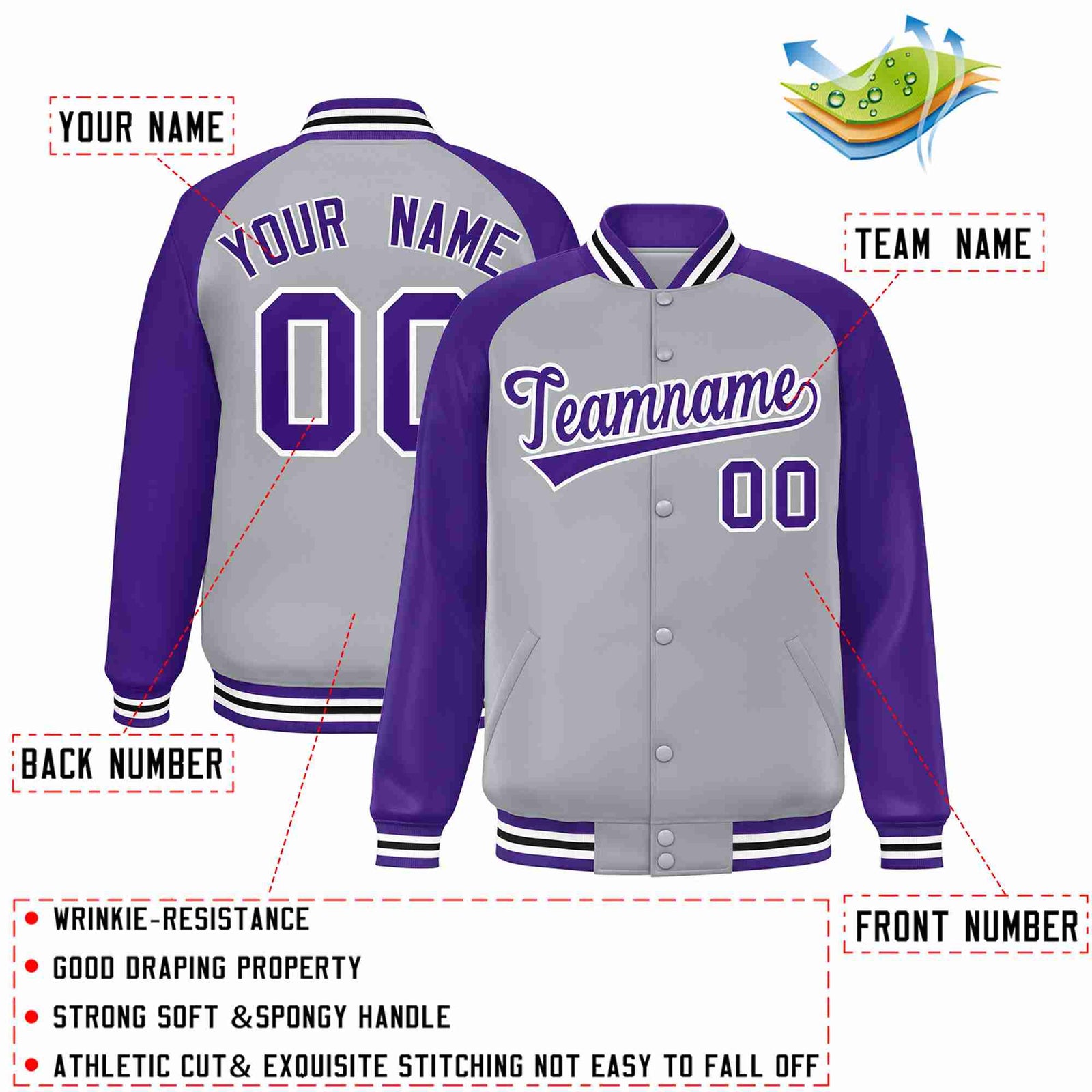 Custom Gray Purple-White Raglan Sleeves Varsity Full-Snap Letterman Jacket