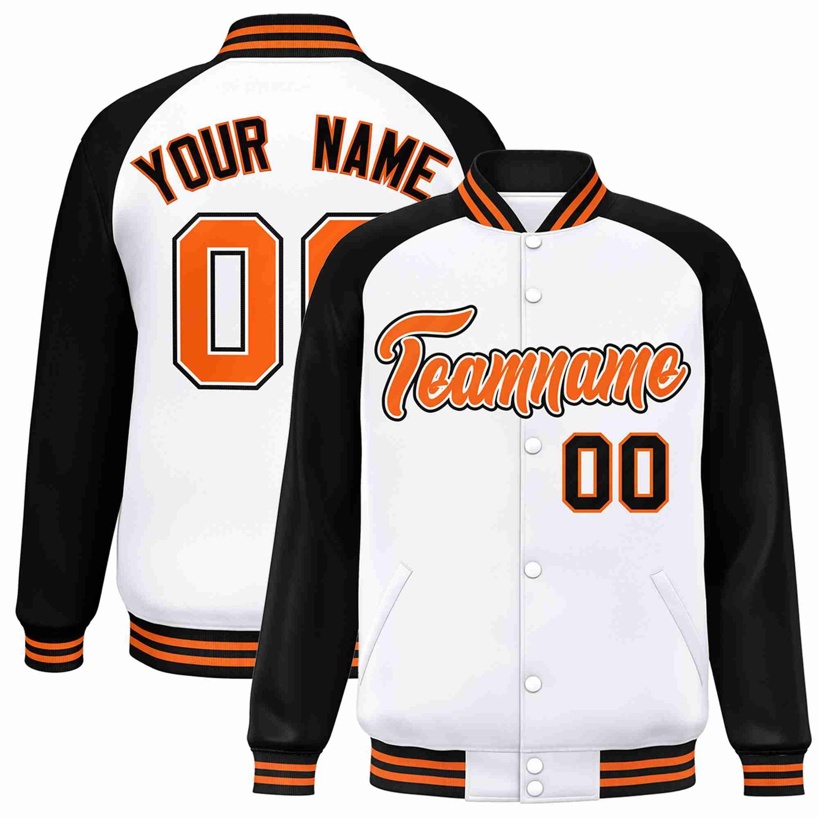 Custom White Orange-White Raglan Sleeves Varsity Full-Snap Letterman Jacket