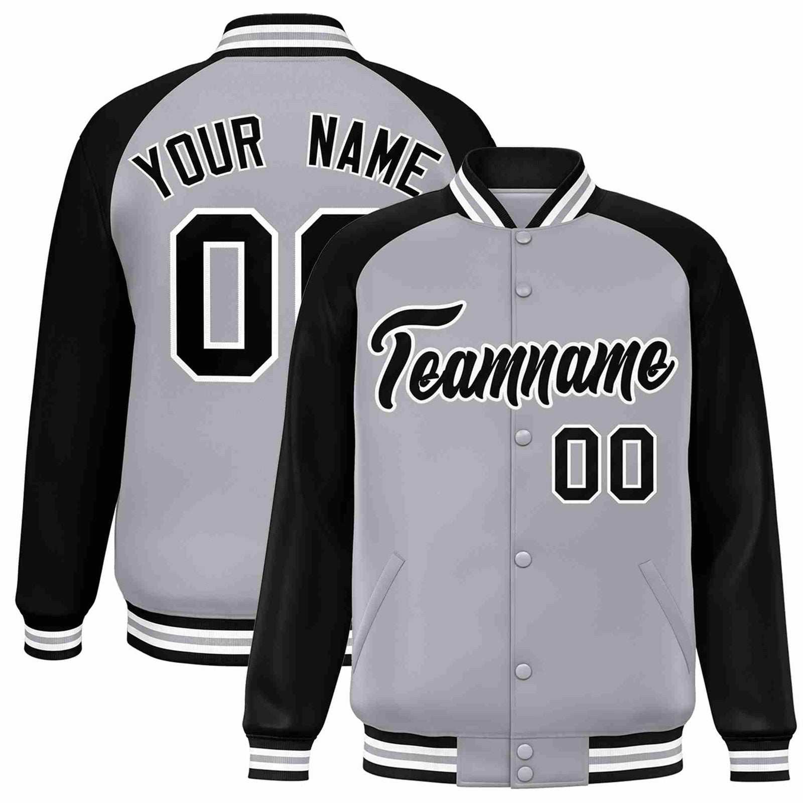 Custom Gray Black-White Raglan Sleeves Varsity Full-Snap Letterman Jacket