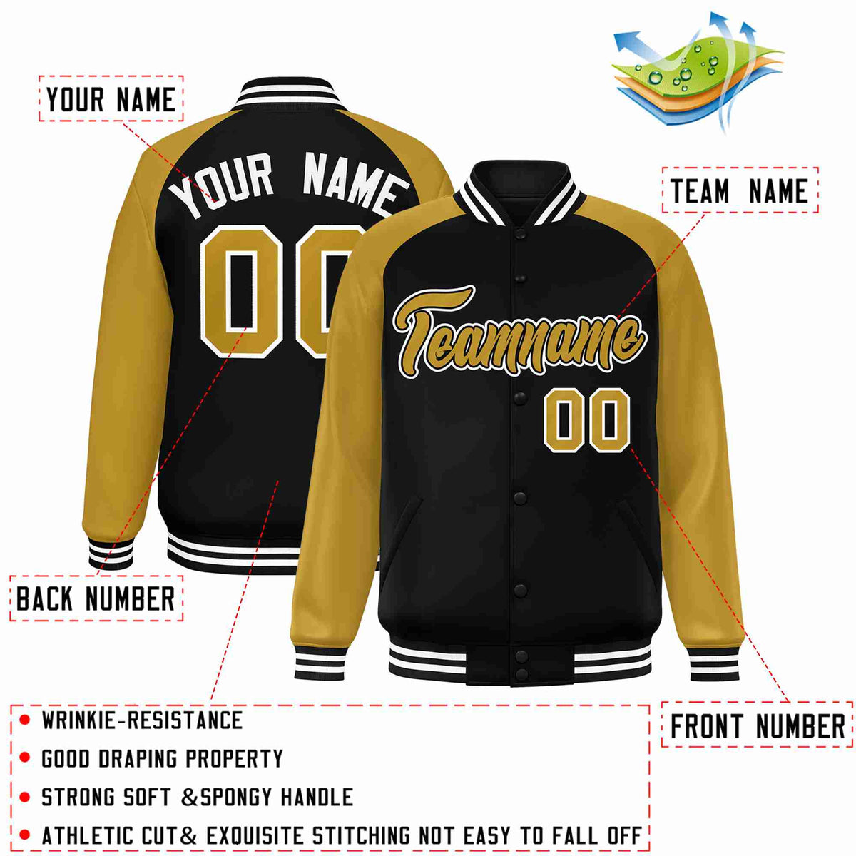 Custom Black Old Gold-Black Raglan Sleeves Varsity Full-Snap Letterman Jacket
