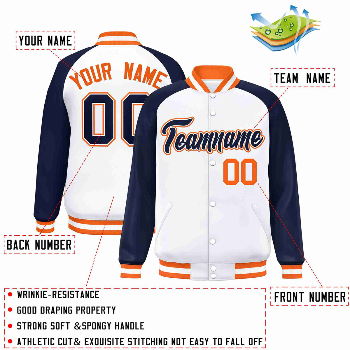 Custom White Navy-White Raglan Sleeves Varsity Full-Snap Letterman Jacket