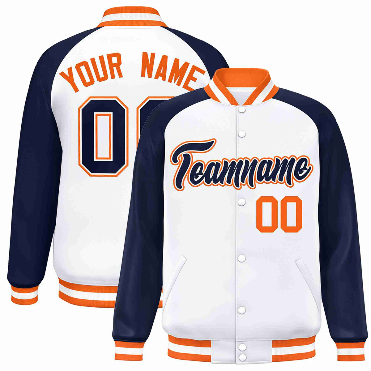Custom White Navy-White Raglan Sleeves Varsity Full-Snap Letterman Jacket