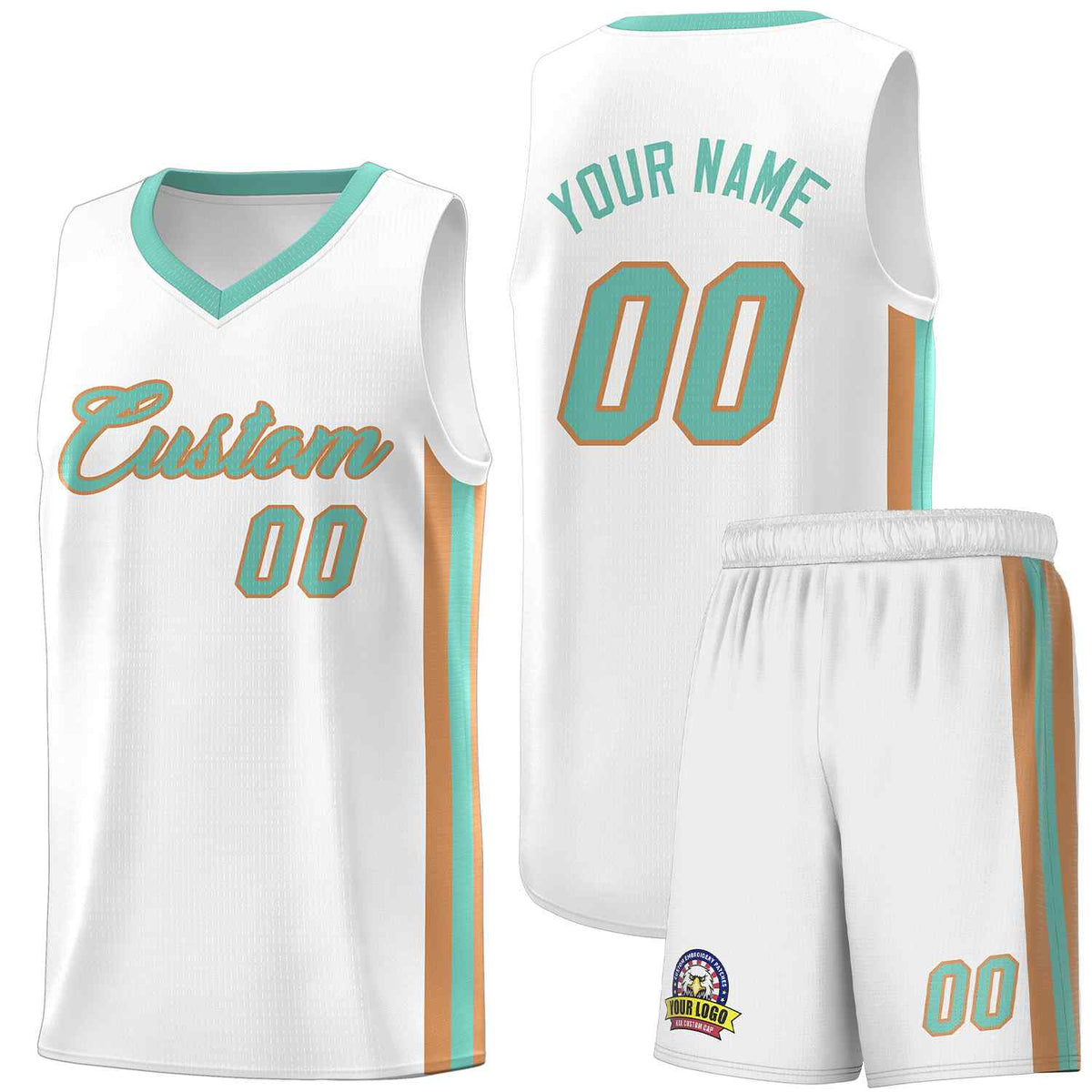 Custom White Aqua-Old Gold Classic Sets Sports Uniform Basketball Jersey