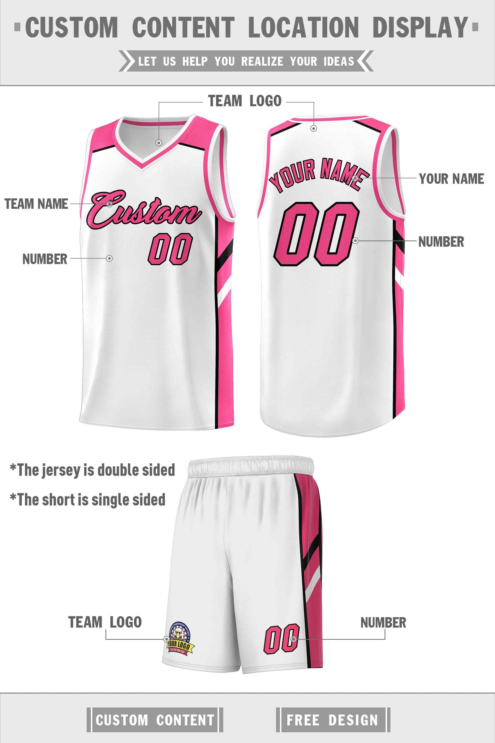 Custom White Pink-Black Classic Sets Sports Uniform Basketball Jersey