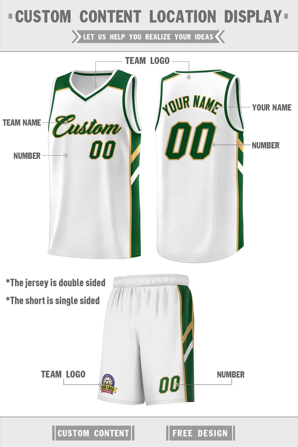 Custom White Green-Old Gold Classic Sets Sports Uniform Basketball Jersey