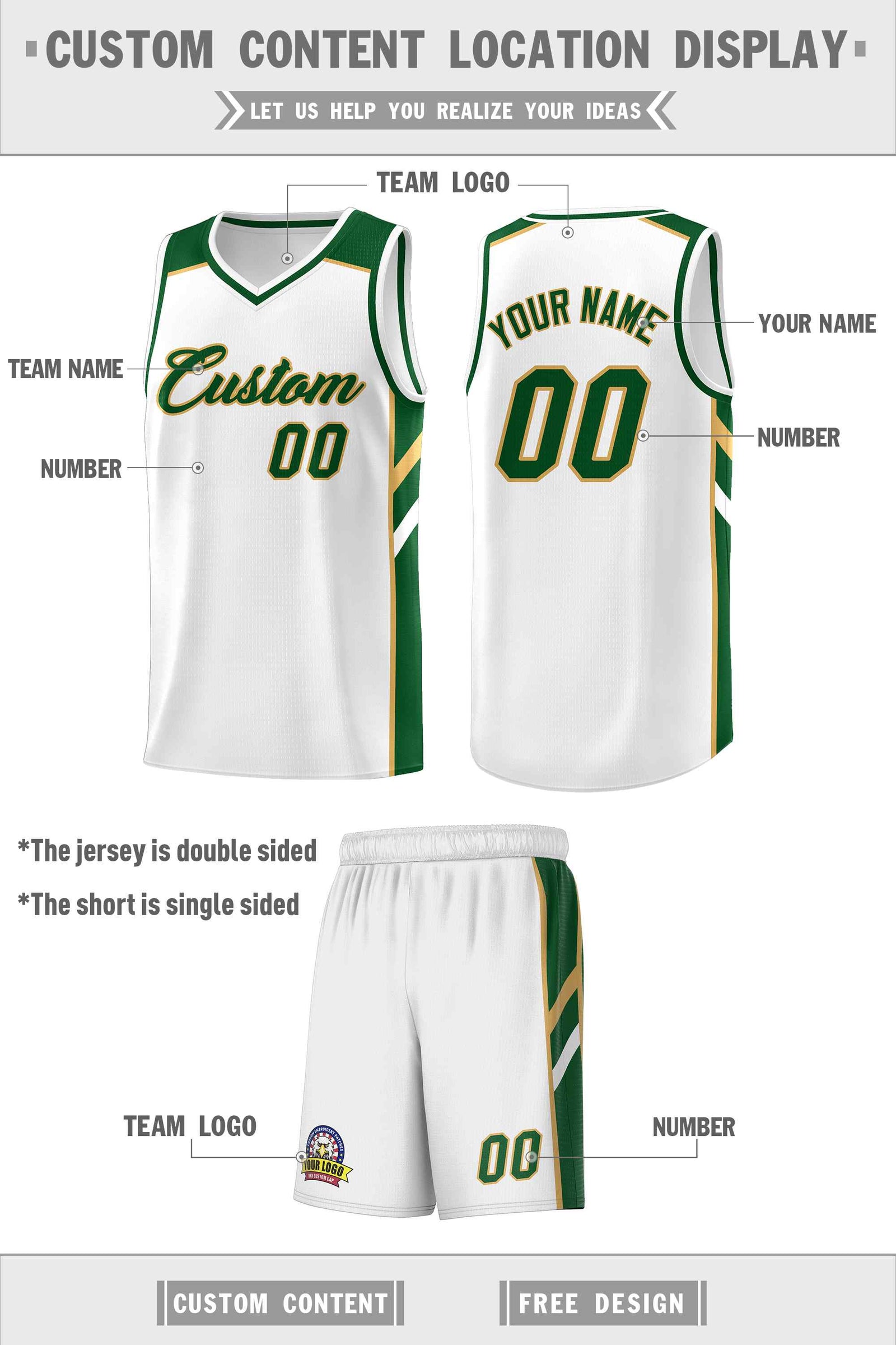 Custom White Green-Old Gold Classic Sets Sports Uniform Basketball Jersey