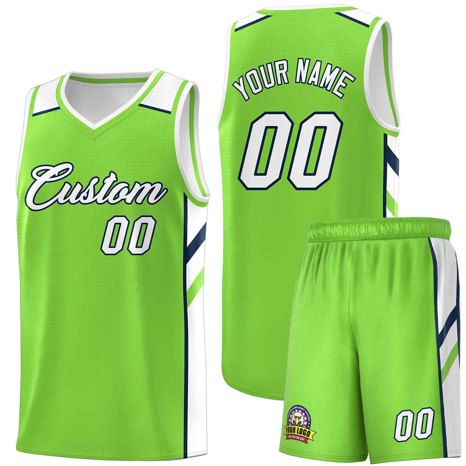 Custom Neon Green White-Navy Classic Sets Sports Uniform Basketball Jersey