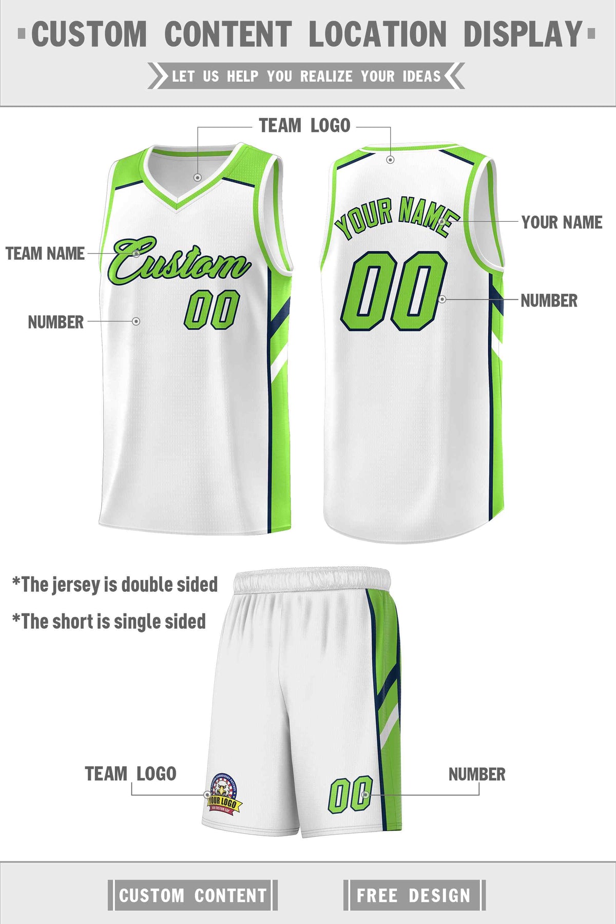Custom White Neon Green-Navy Classic Sets Sports Uniform Basketball Jersey