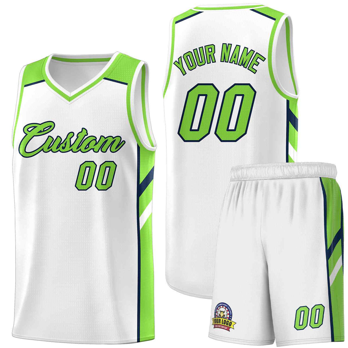 Custom White Neon Green-Navy Classic Sets Sports Uniform Basketball Jersey
