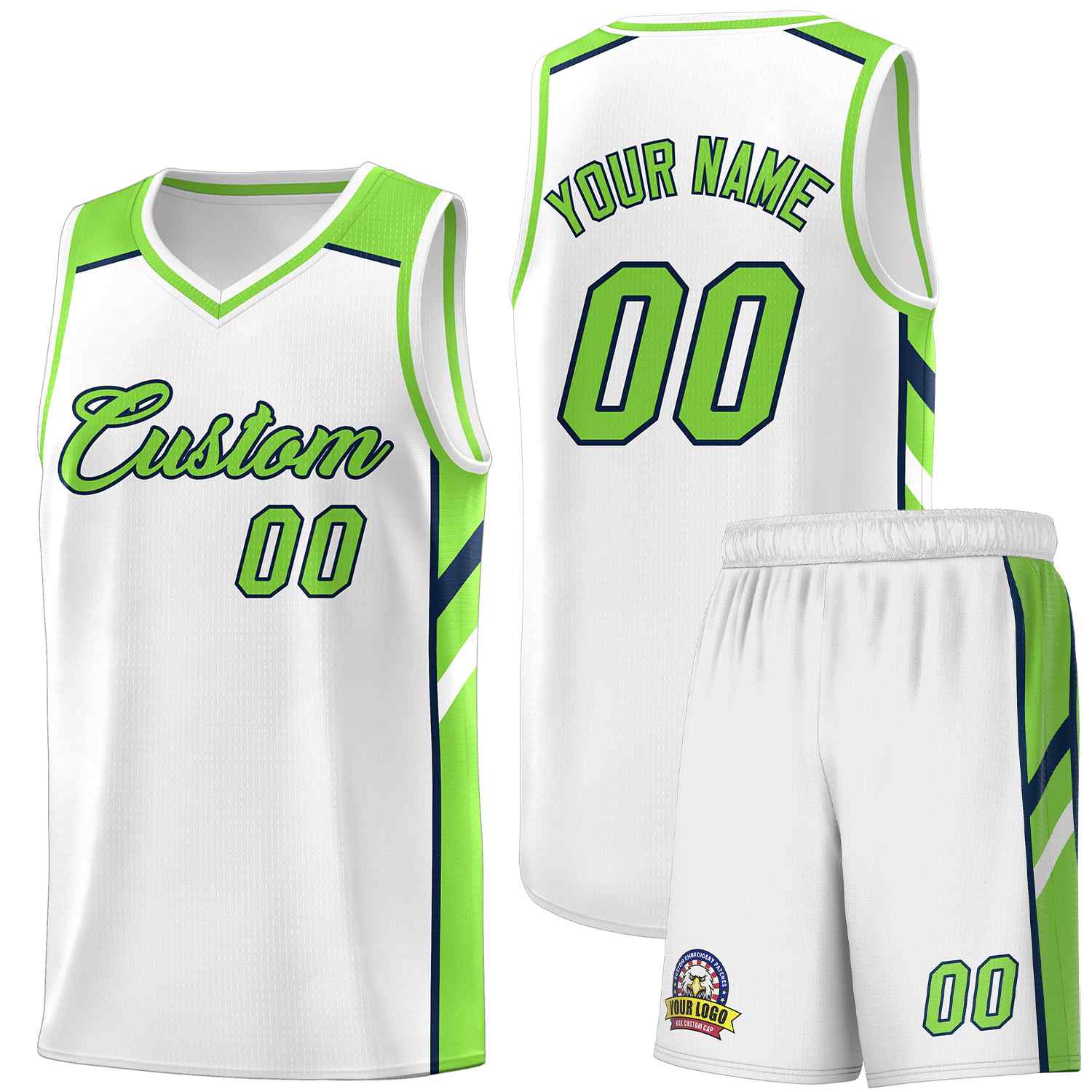Custom White Neon Green-Navy Classic Sets Sports Uniform Basketball Jersey
