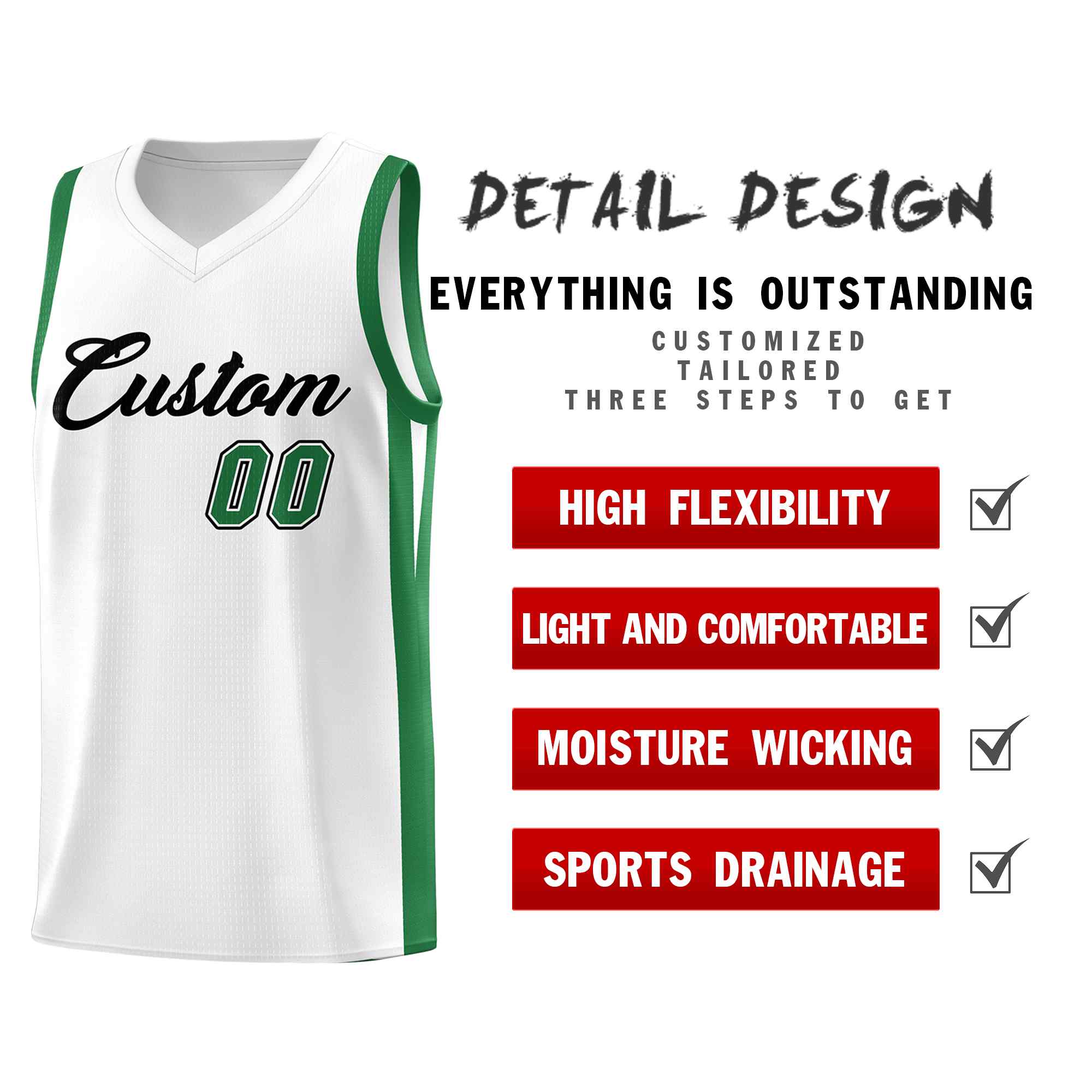 Custom White Green Classic Sets Sports Uniform Basketball Jersey