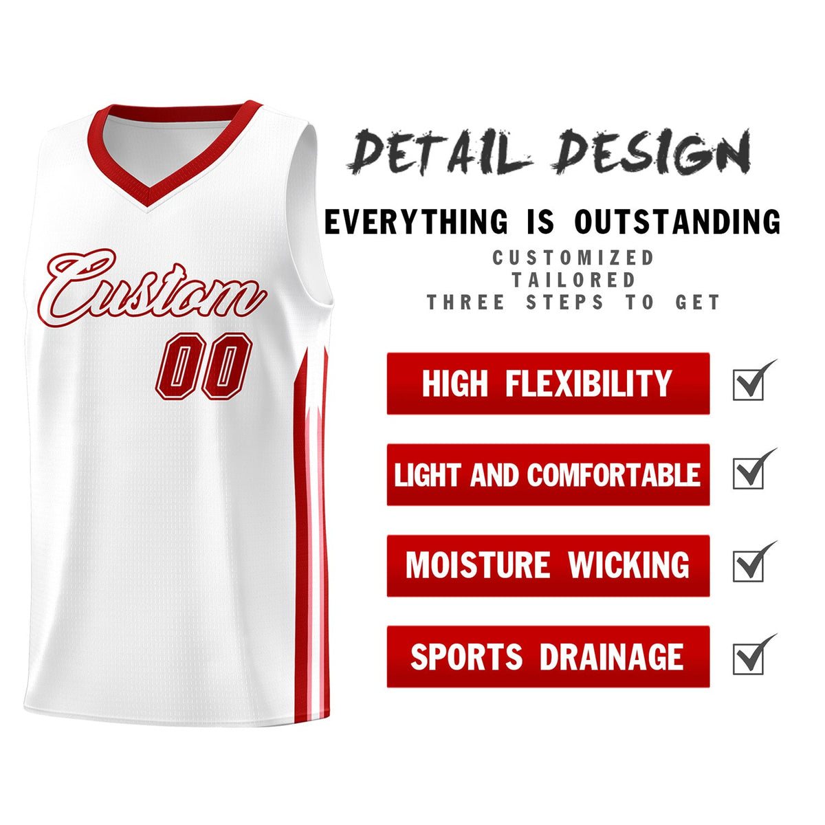 Custom White Red Classic Tops Athletic Casual Basketball Jersey