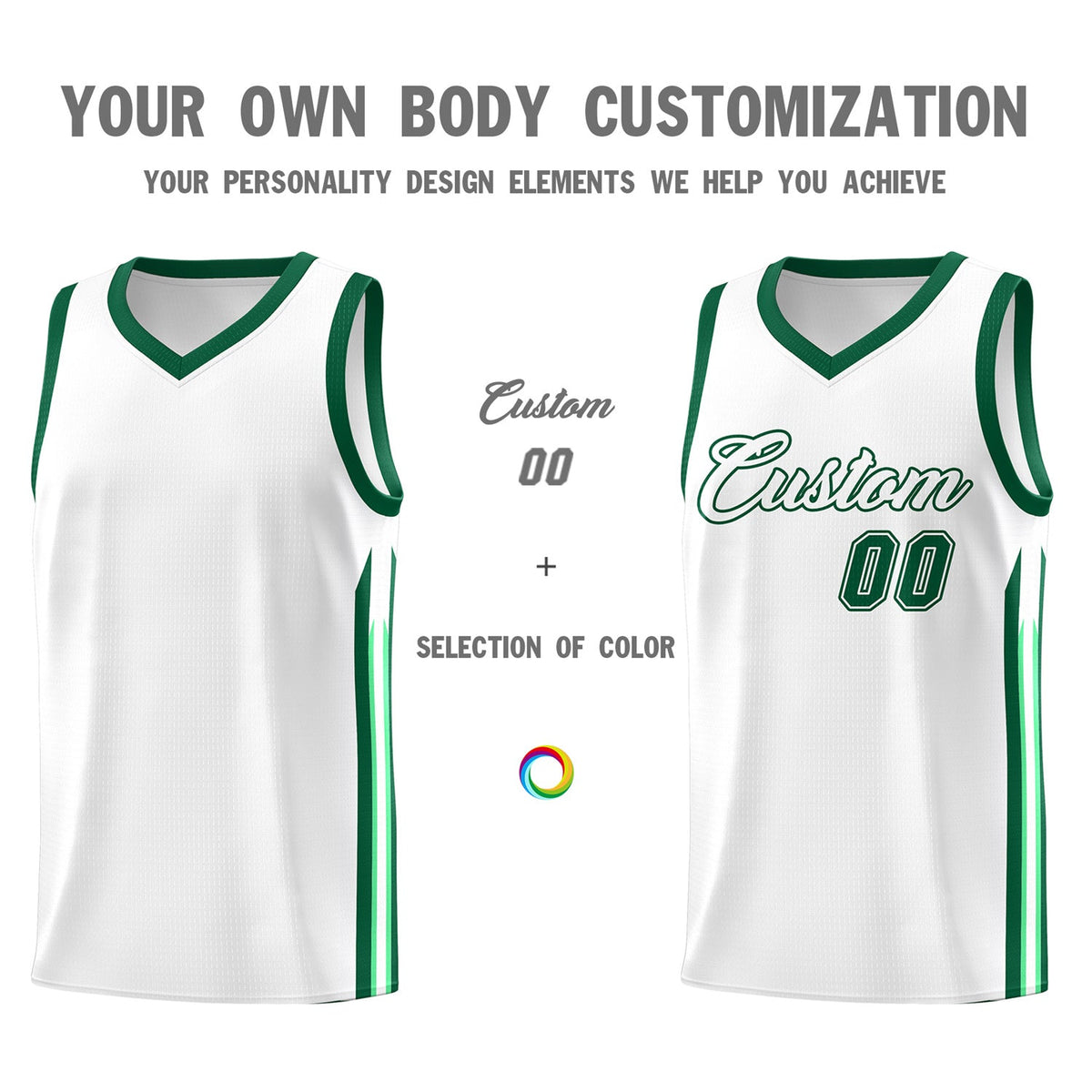 Custom White Green Classic Tops Fashion Sportwear Basketball Jersey