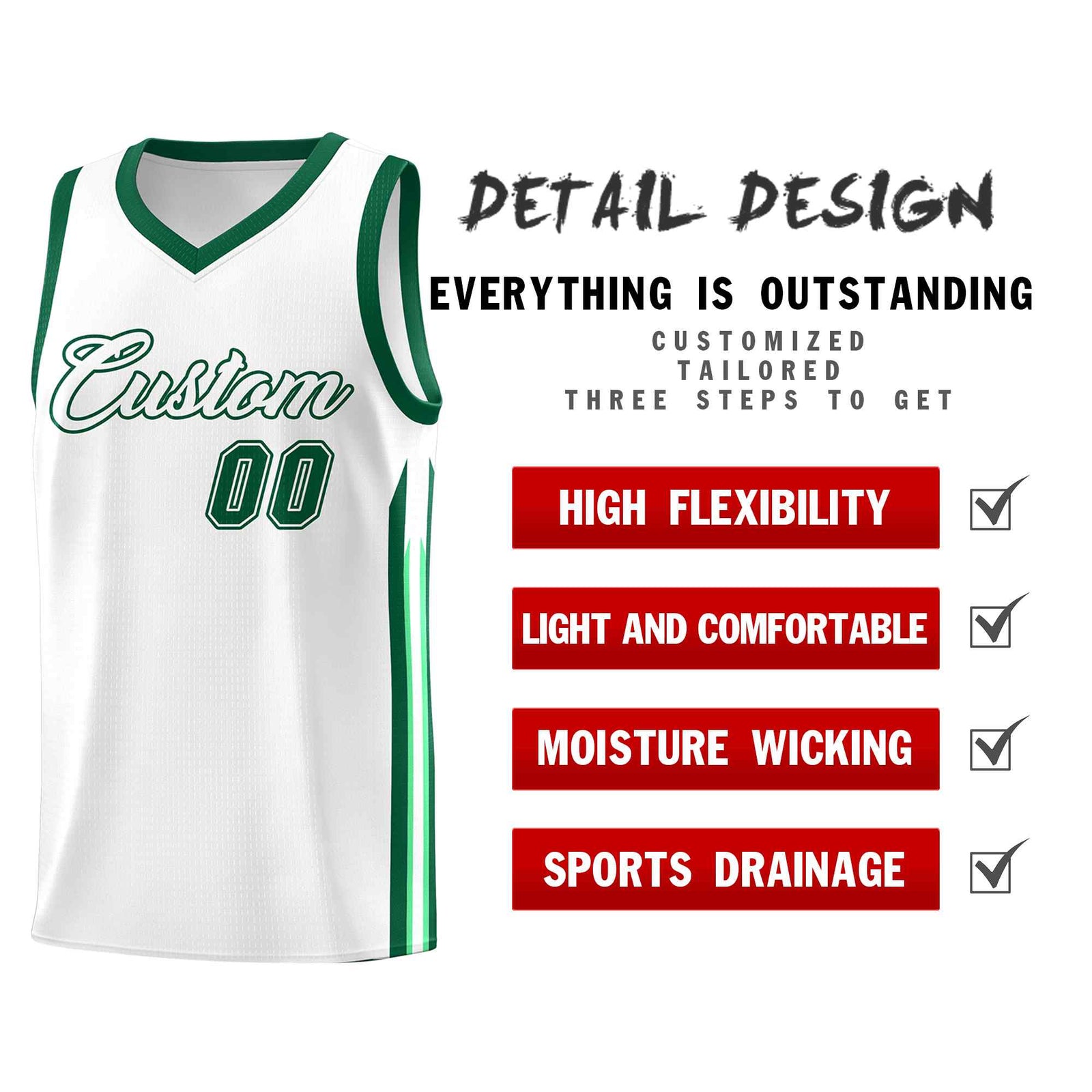 Custom White Green Classic Sets Sports Uniform Basketball Jersey
