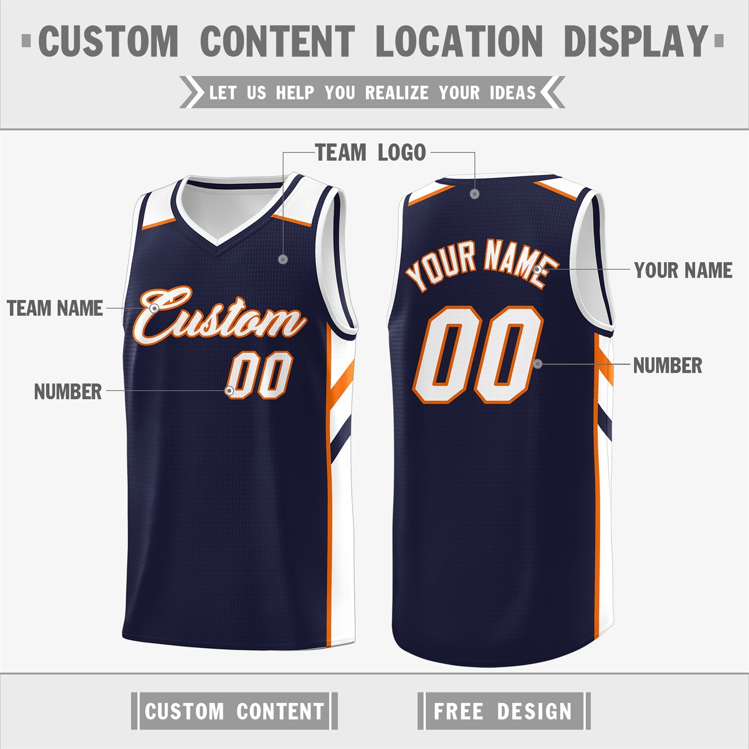 Custom Navy Orange-White Classic Tops Breathable Basketball Jersey