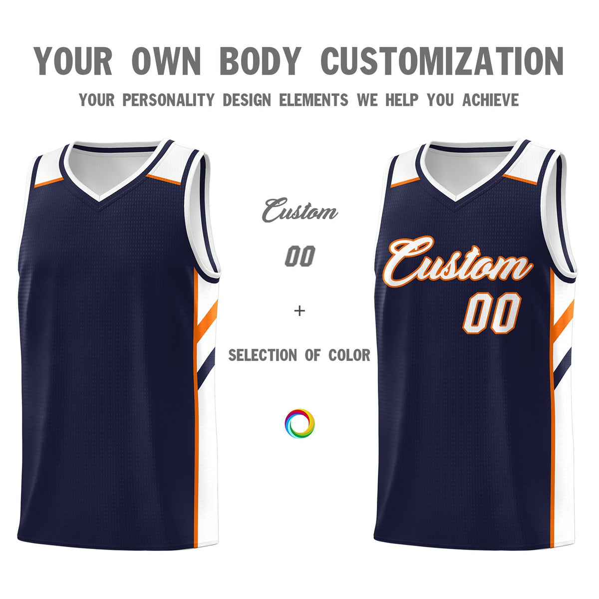 Custom Navy Orange-White Classic Tops Breathable Basketball Jersey