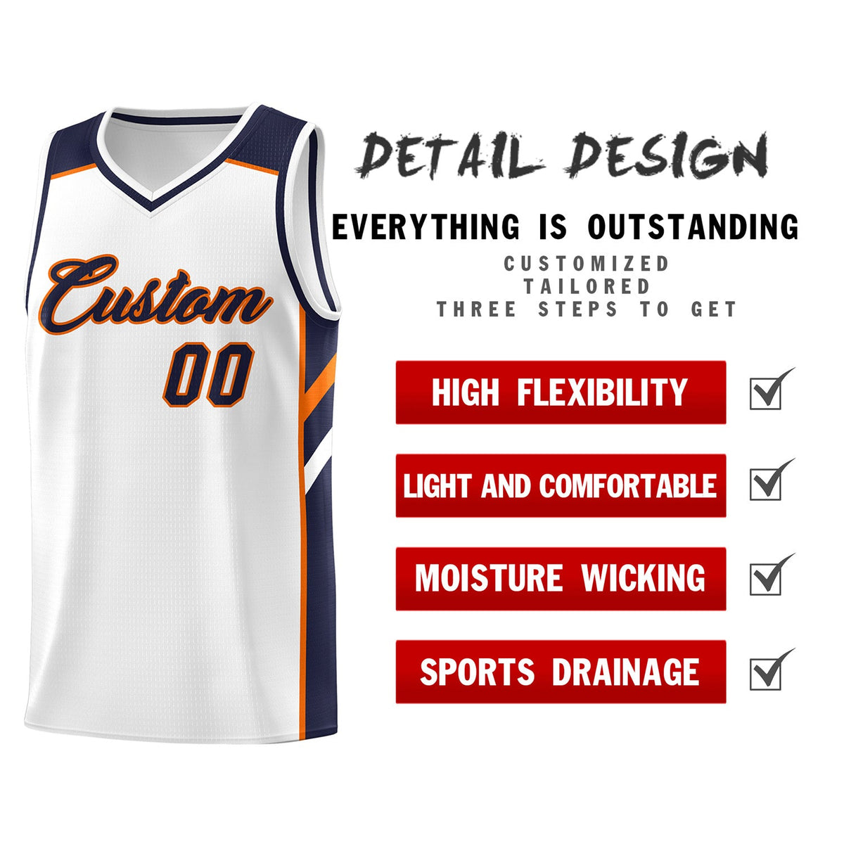 Custom White Navy-Orange Classic Tops Men/Boy Athletic Basketball Jersey