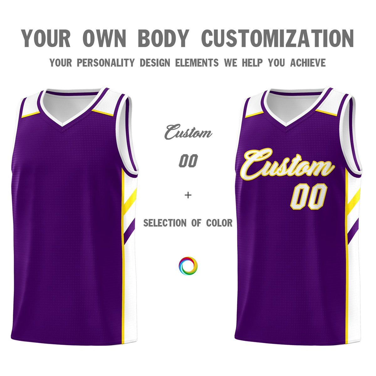 Custom Purple White-Yellow Classic Tops Breathable Basketball Jersey