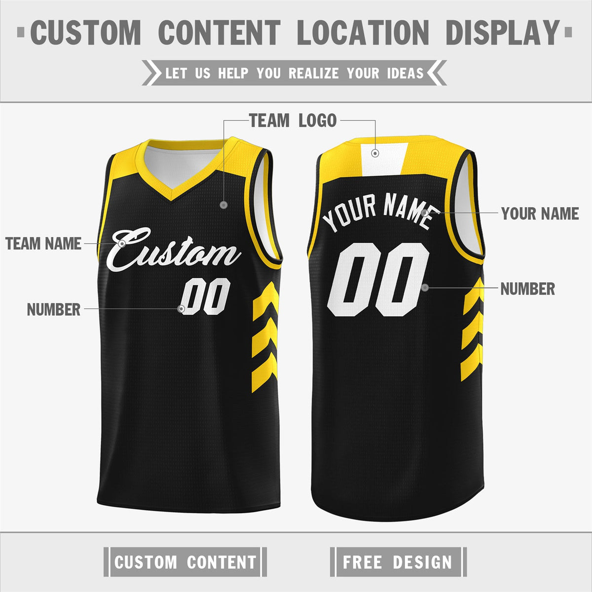 Custom Black White-Yellow Classic Tops Athletic Basketball Jersey