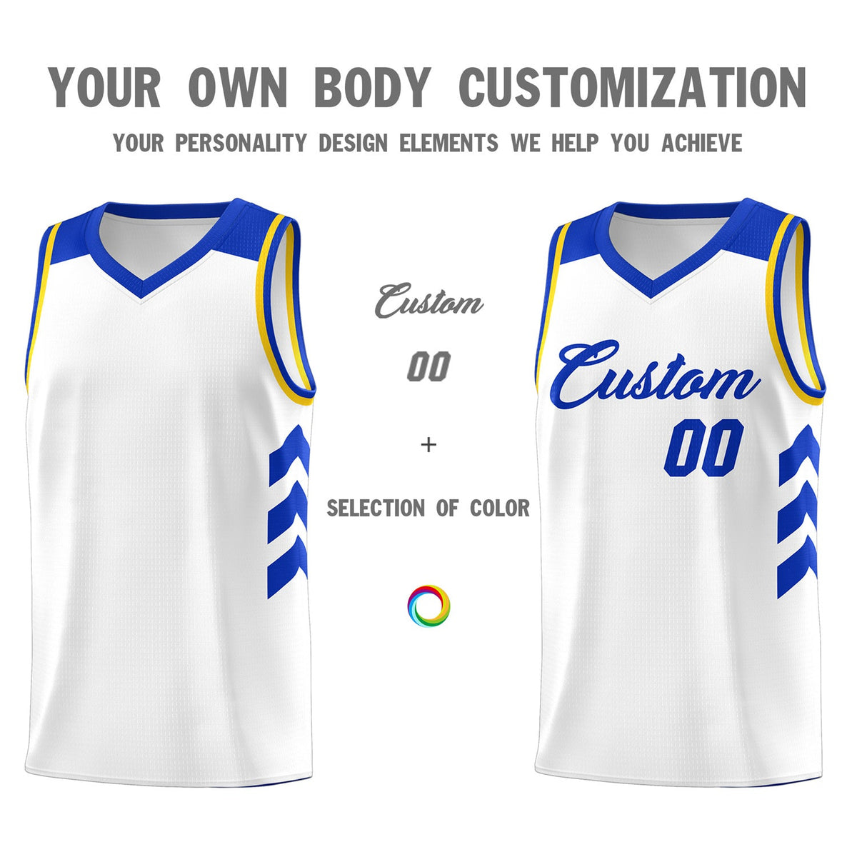 Custom White Royal-Yellow Classic Tops Fashion Basketball Jersey