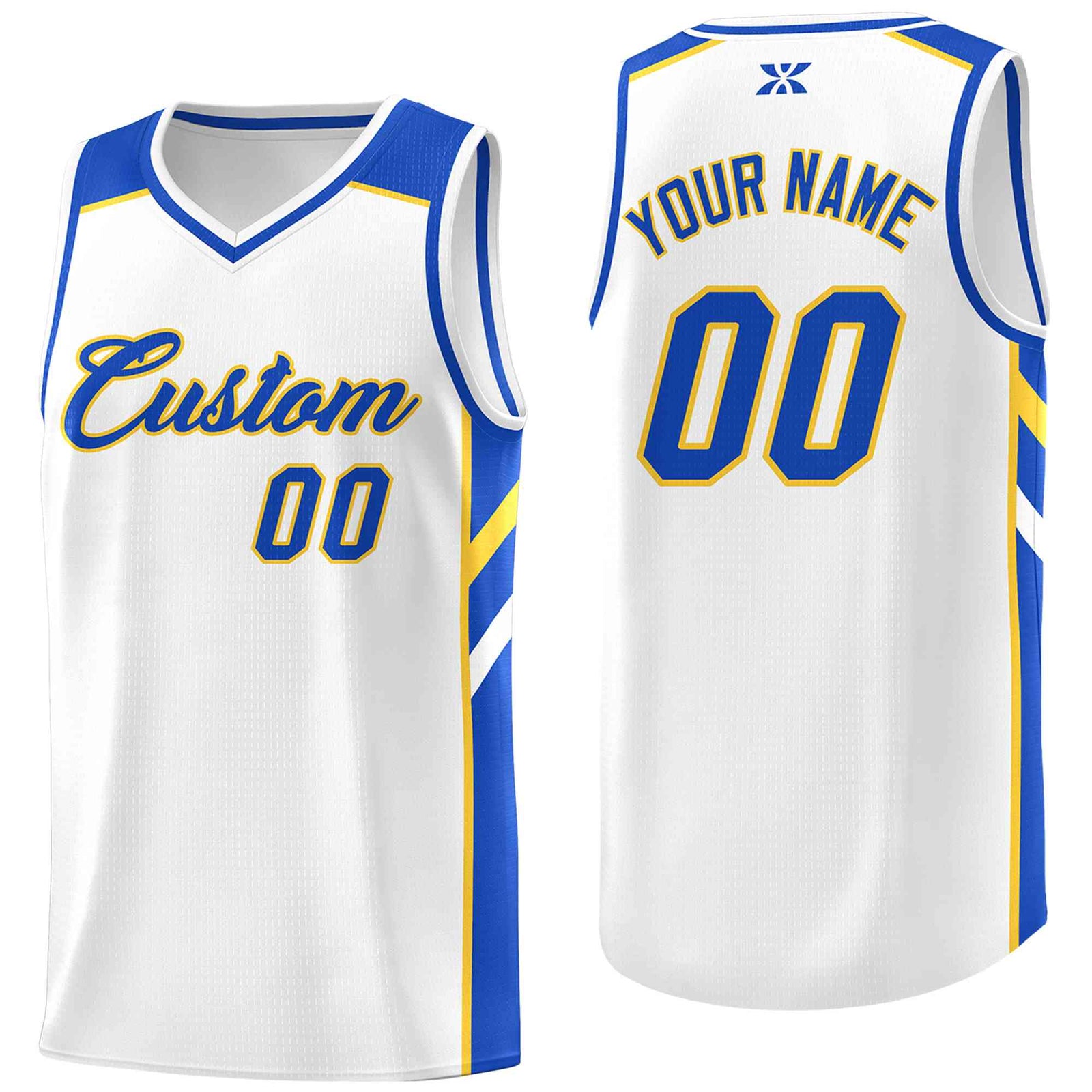 Custom White Blue-Yellow Classic Tops Style Mesh Sport Basketball Jersey