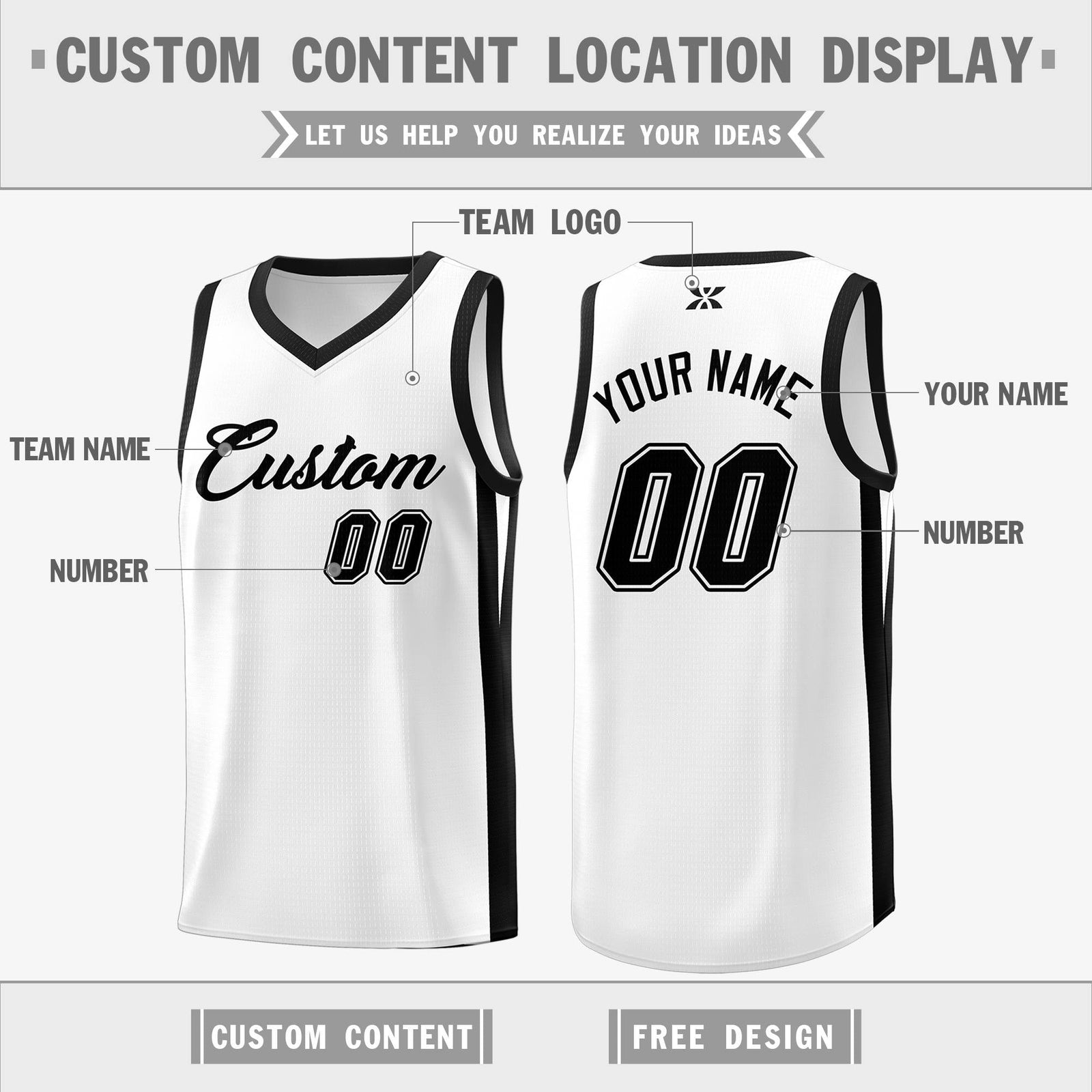 Custom White Black Classic Tops Outdoor Basketball Jersey