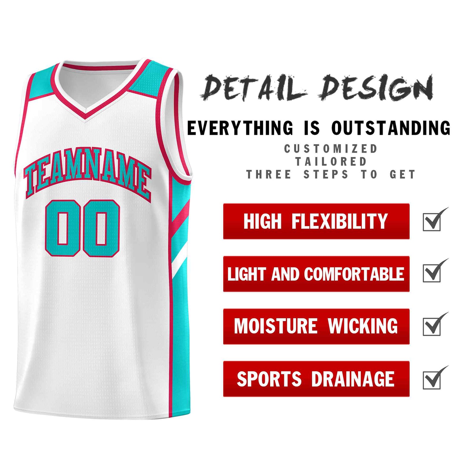 Custom White Aqua-Red Classic Sets Sports Uniform Basketball Jersey