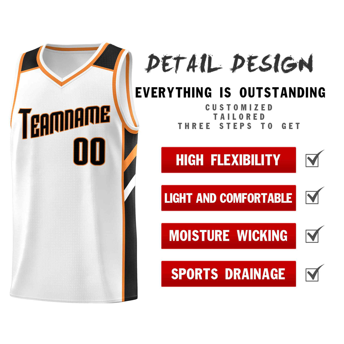 Custom White Black-Orange Classic Sets Sports Uniform Basketball Jersey