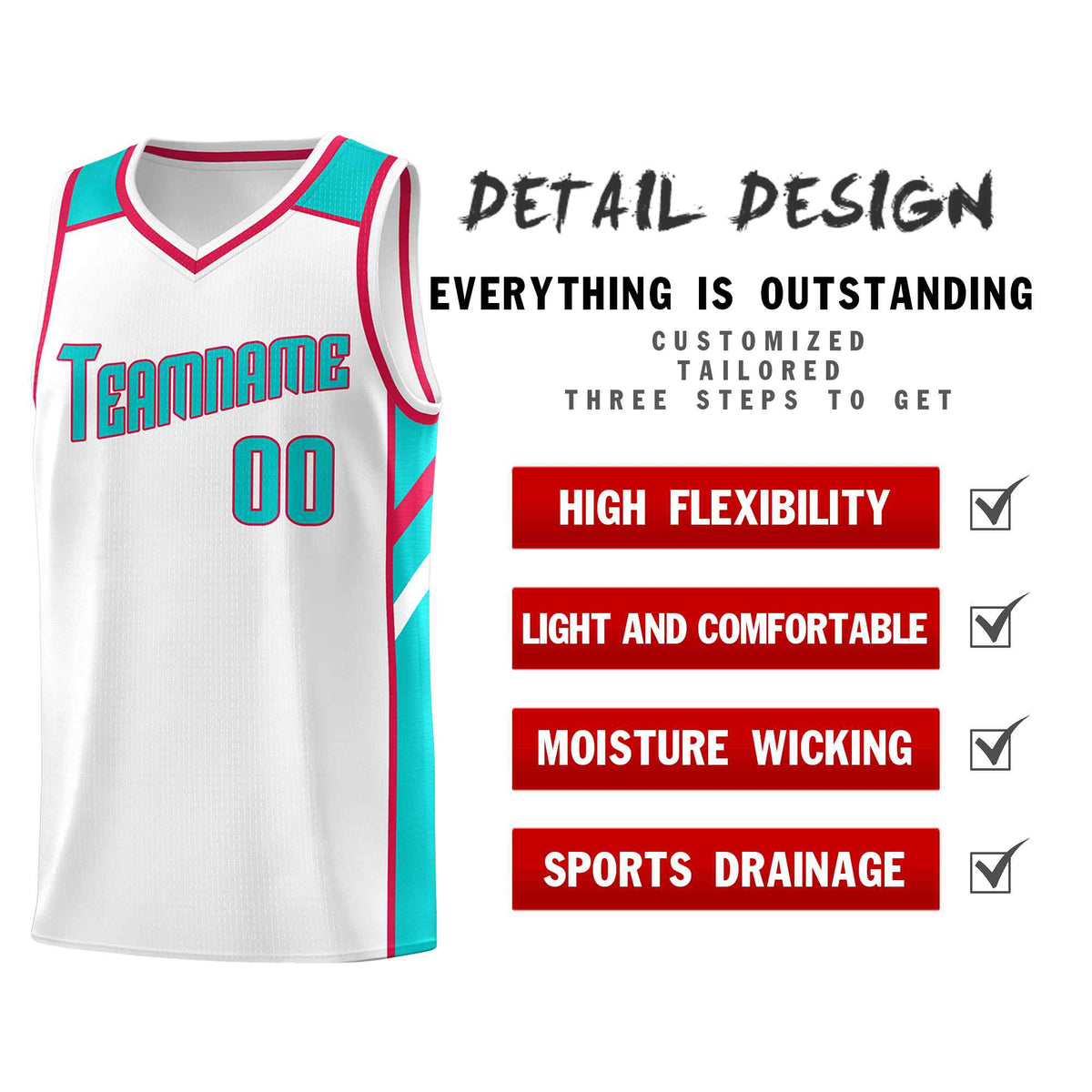 Custom White Aqua-Red Classic Sets Sports Uniform Basketball Jersey