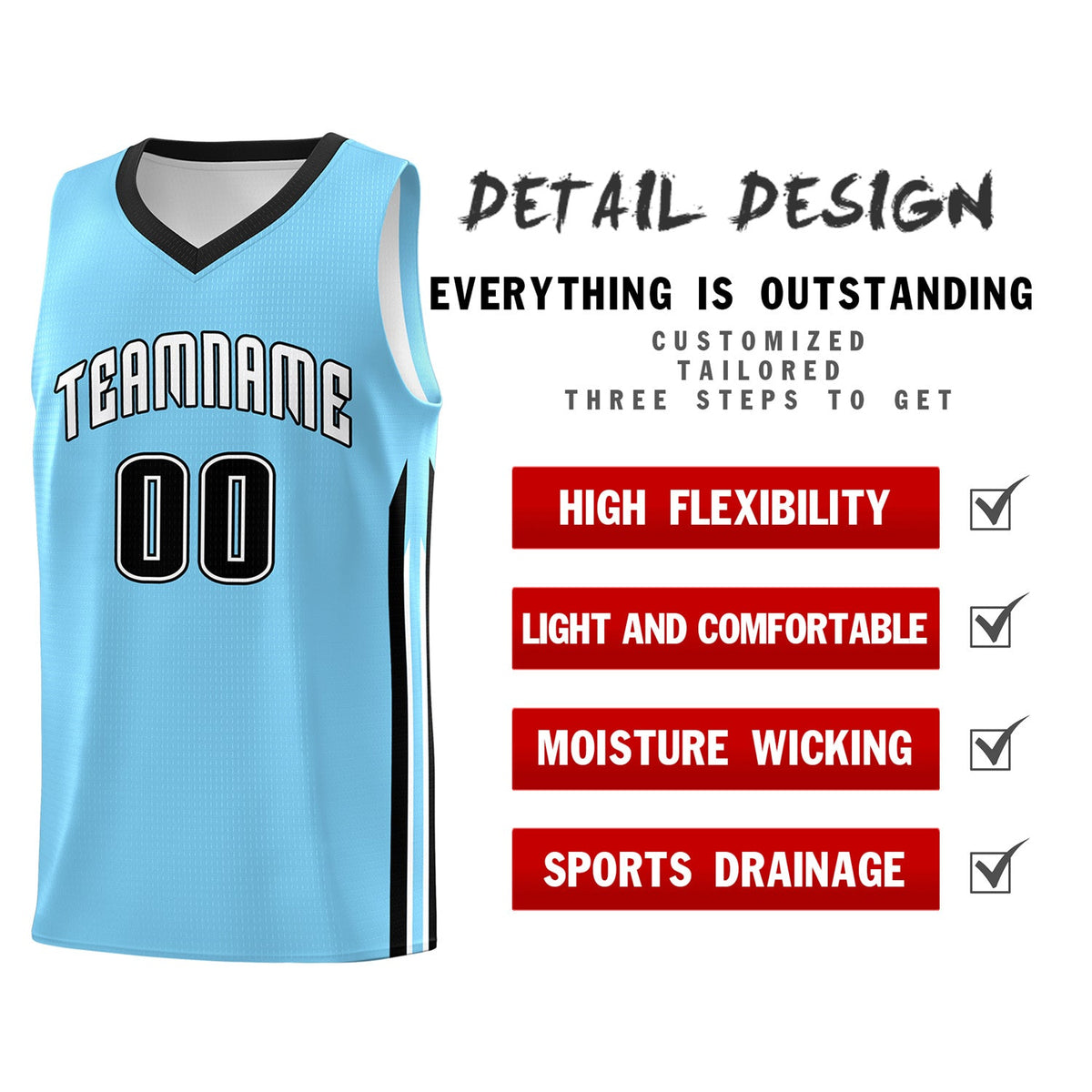 Custom Light Blue Black Classic Tops Men Casual Basketball Jersey