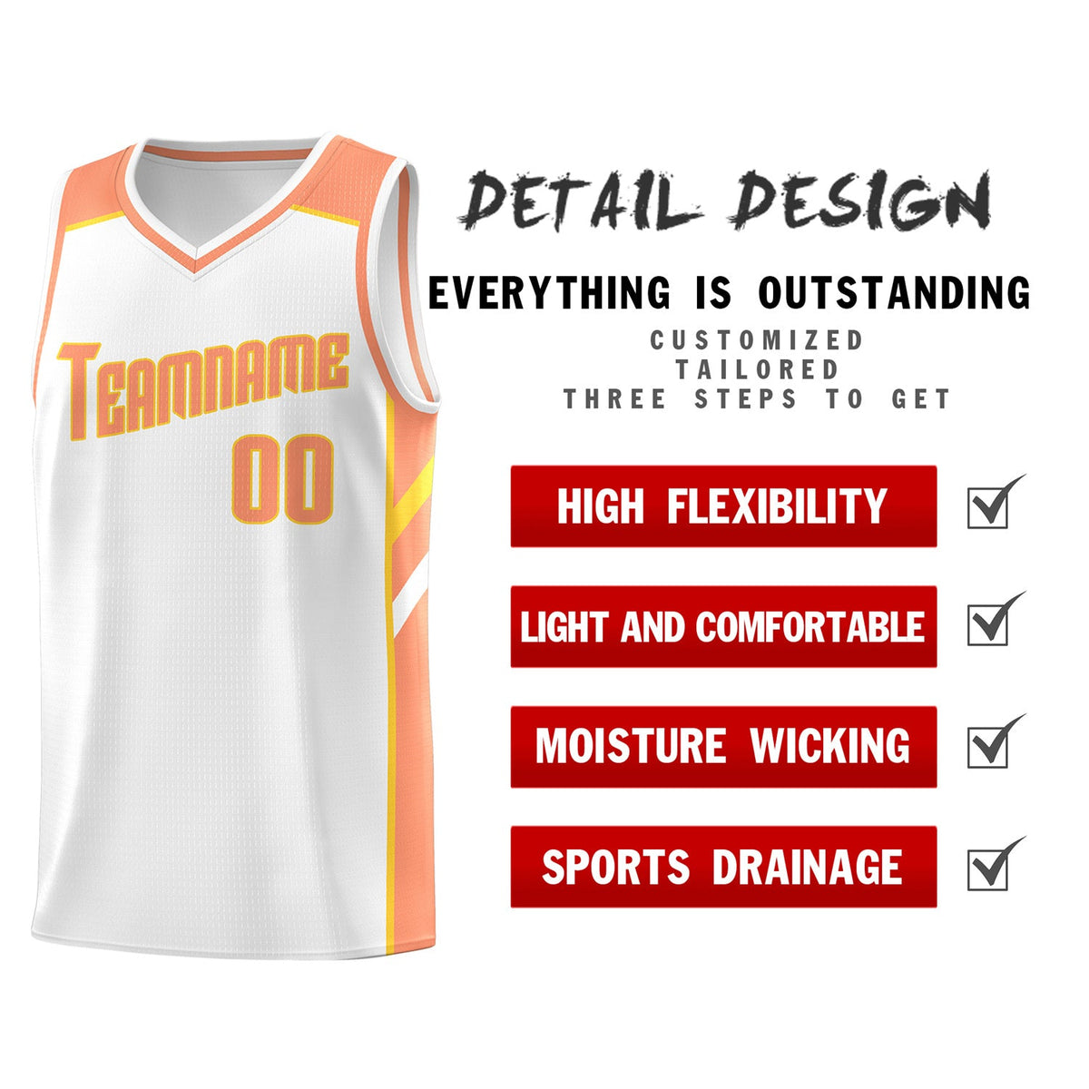 Custom White Orange Classic Tops Breathable Basketball Jersey