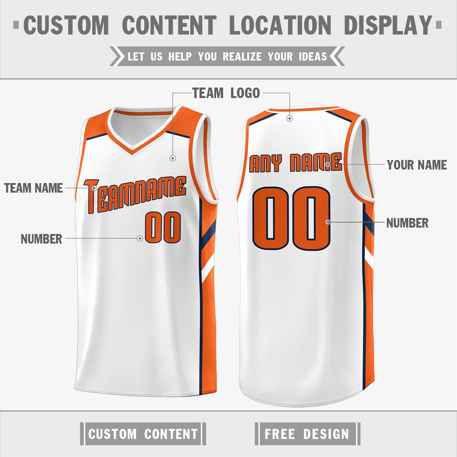 Custom White Orange-Navy Classic Tops Breathable Basketball Jersey