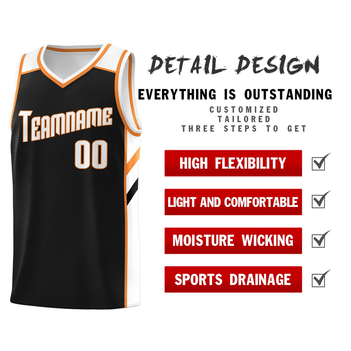 Custom Black White-Orange Classic Tops Fashion Sportwear Basketball Jersey