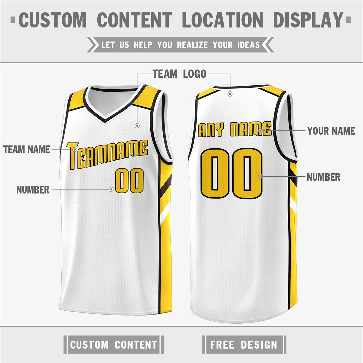 Custom White YellowClassic Tops Breathable Basketball Jersey