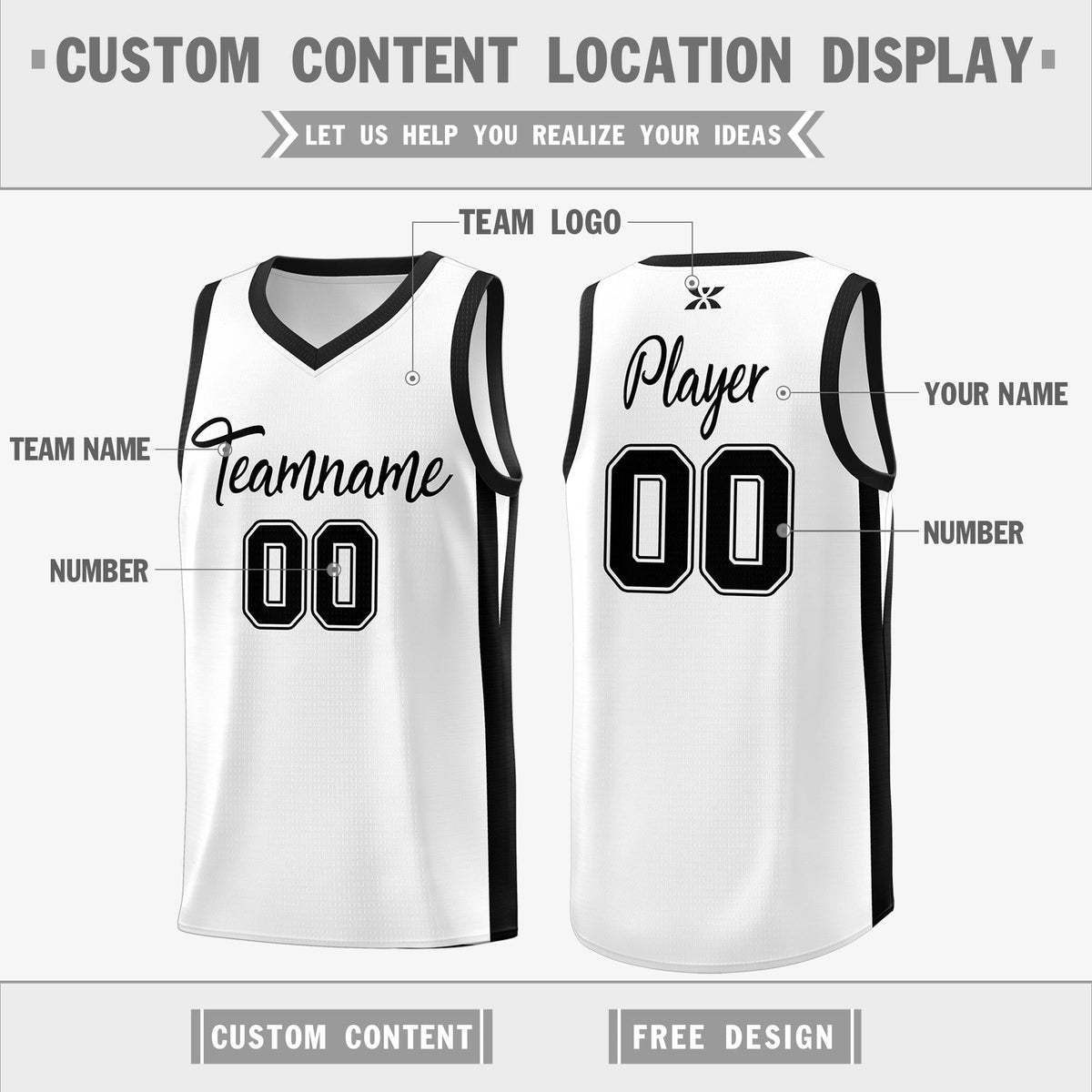 Custom White Black Classic Tops Sports Personalized Basketball Jersey