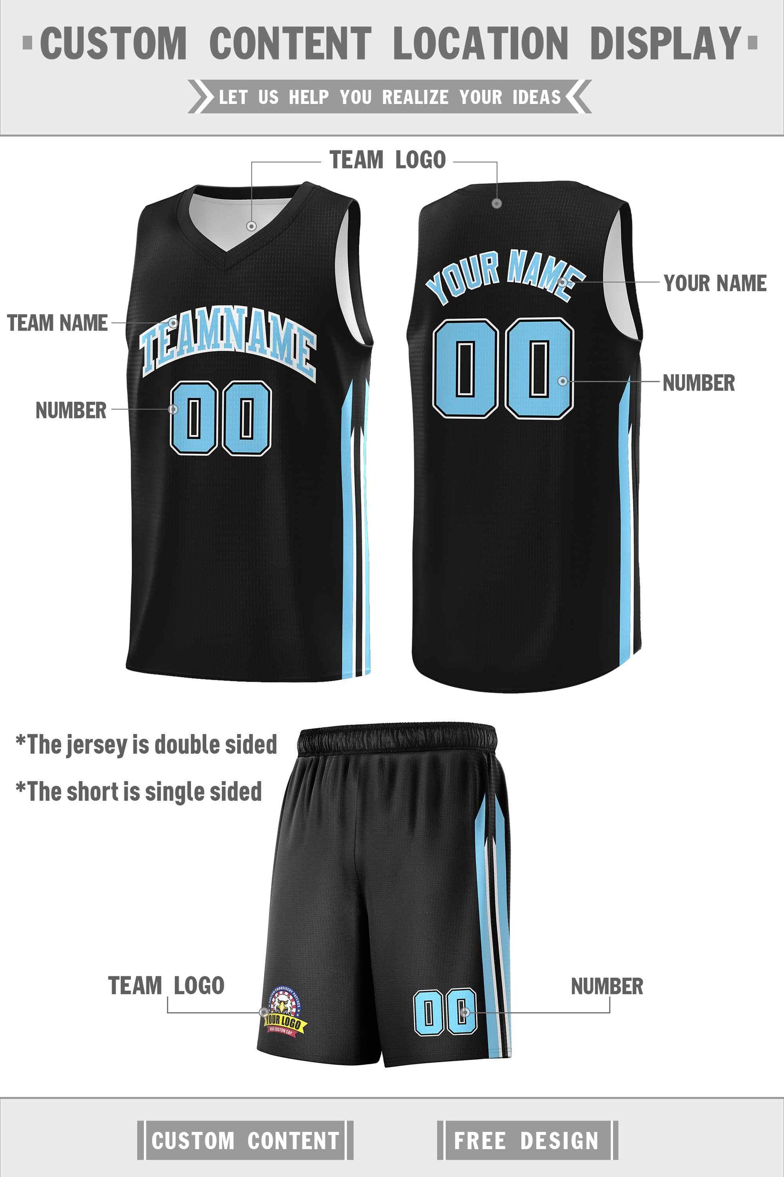 Custom Black Light Blue-White Classic Sets Sports Uniform Basketball Jersey