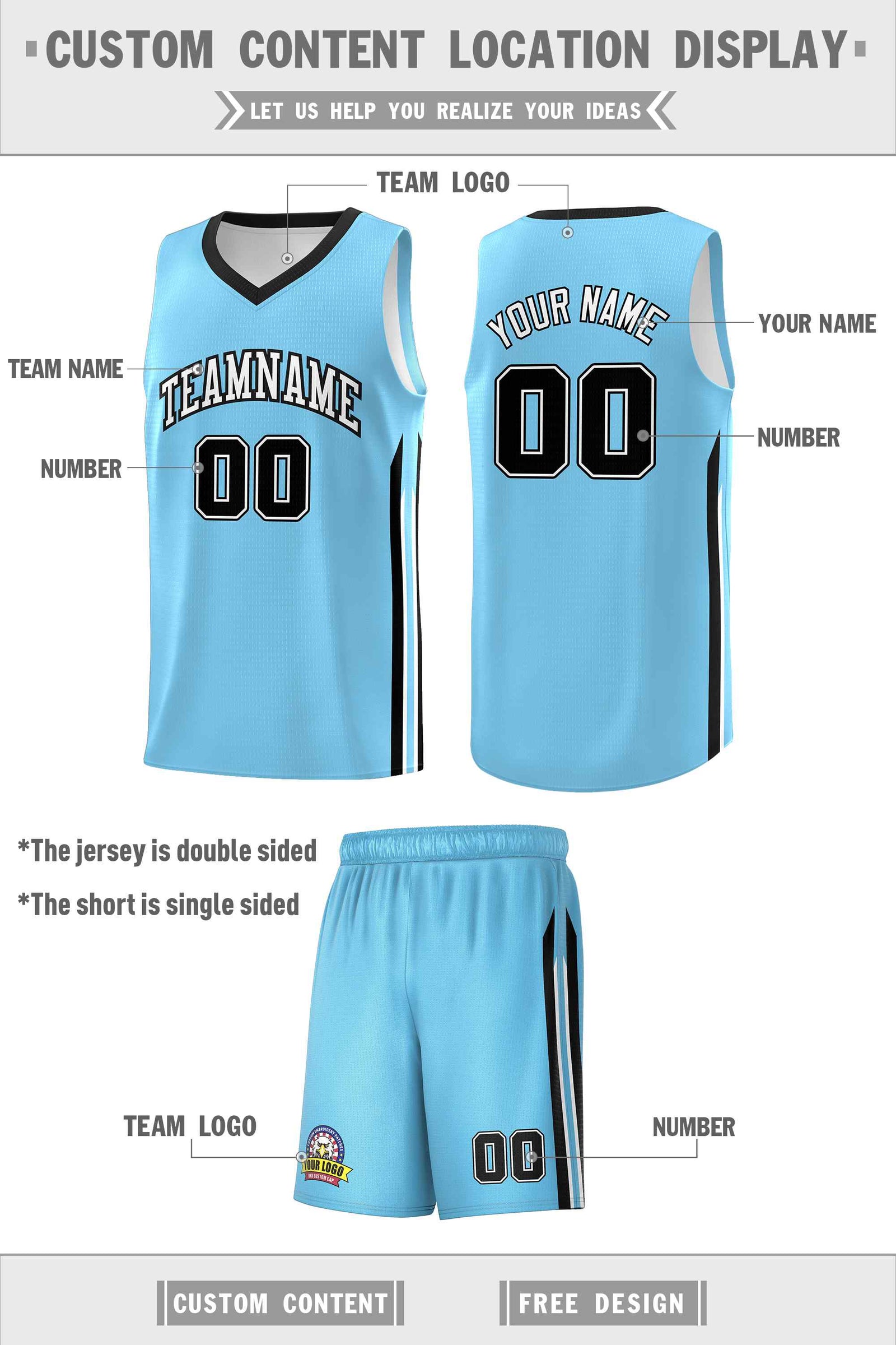 Custom Light Blue White-Black Classic Sets Sports Uniform Basketball Jersey