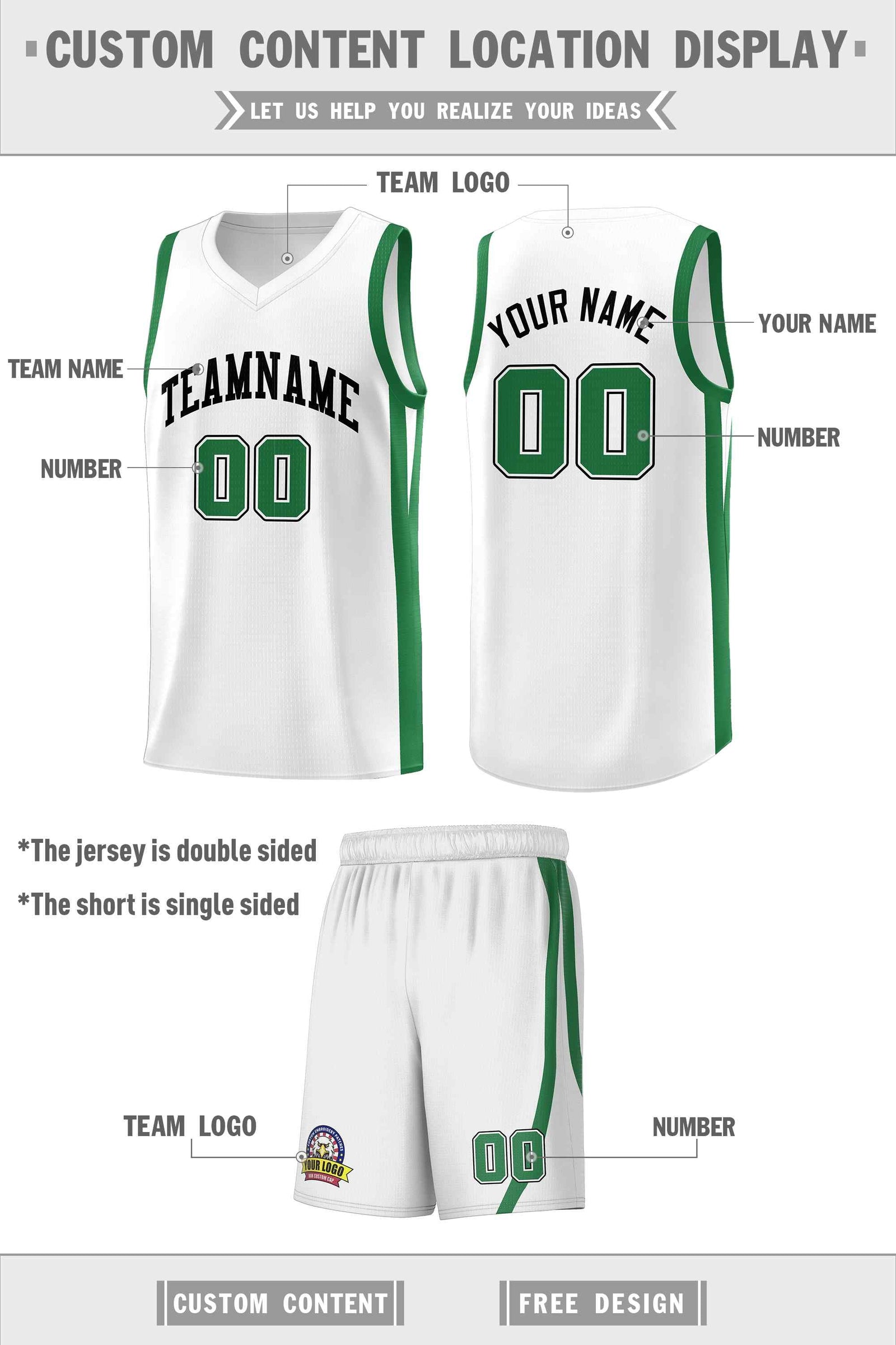 Custom White Green Classic Sets Sports Uniform Basketball Jersey