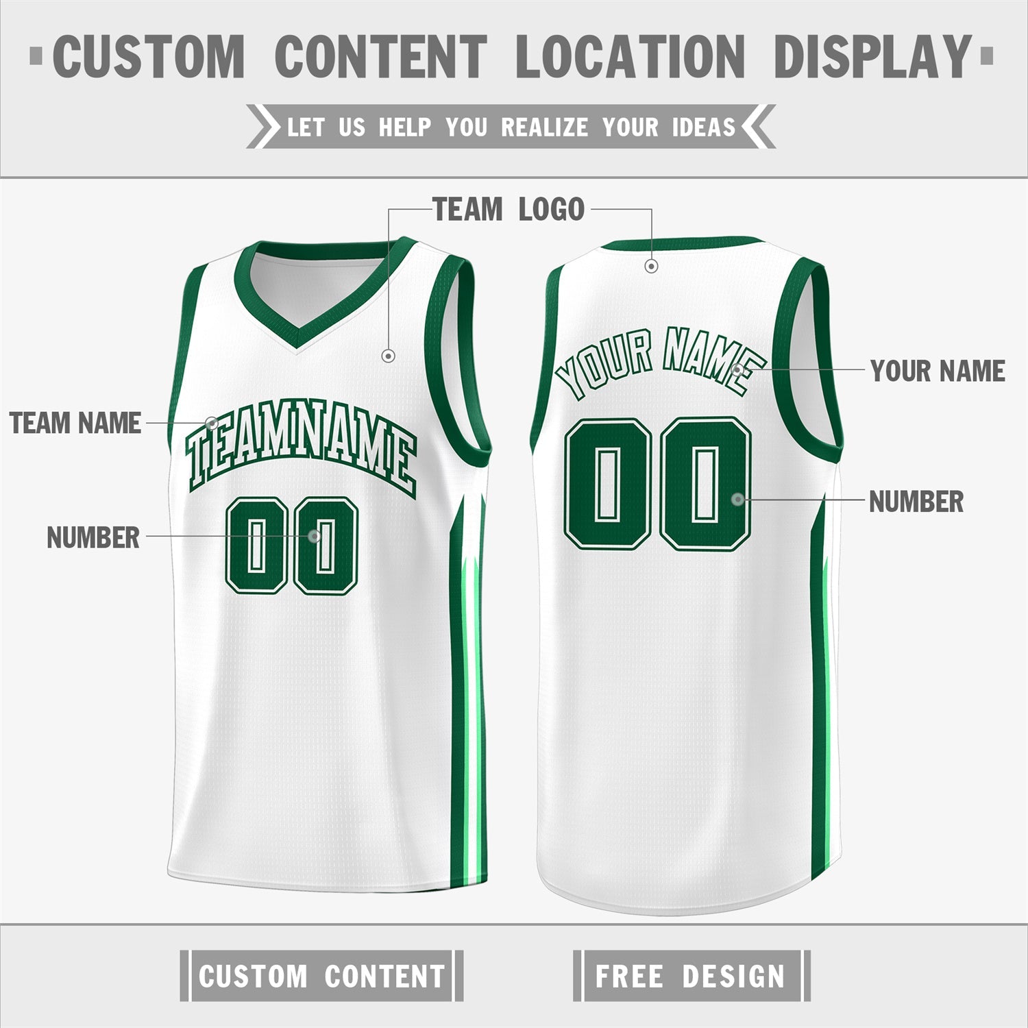 Custom White Green Classic Tops Fashion Sportwear Basketball Jersey