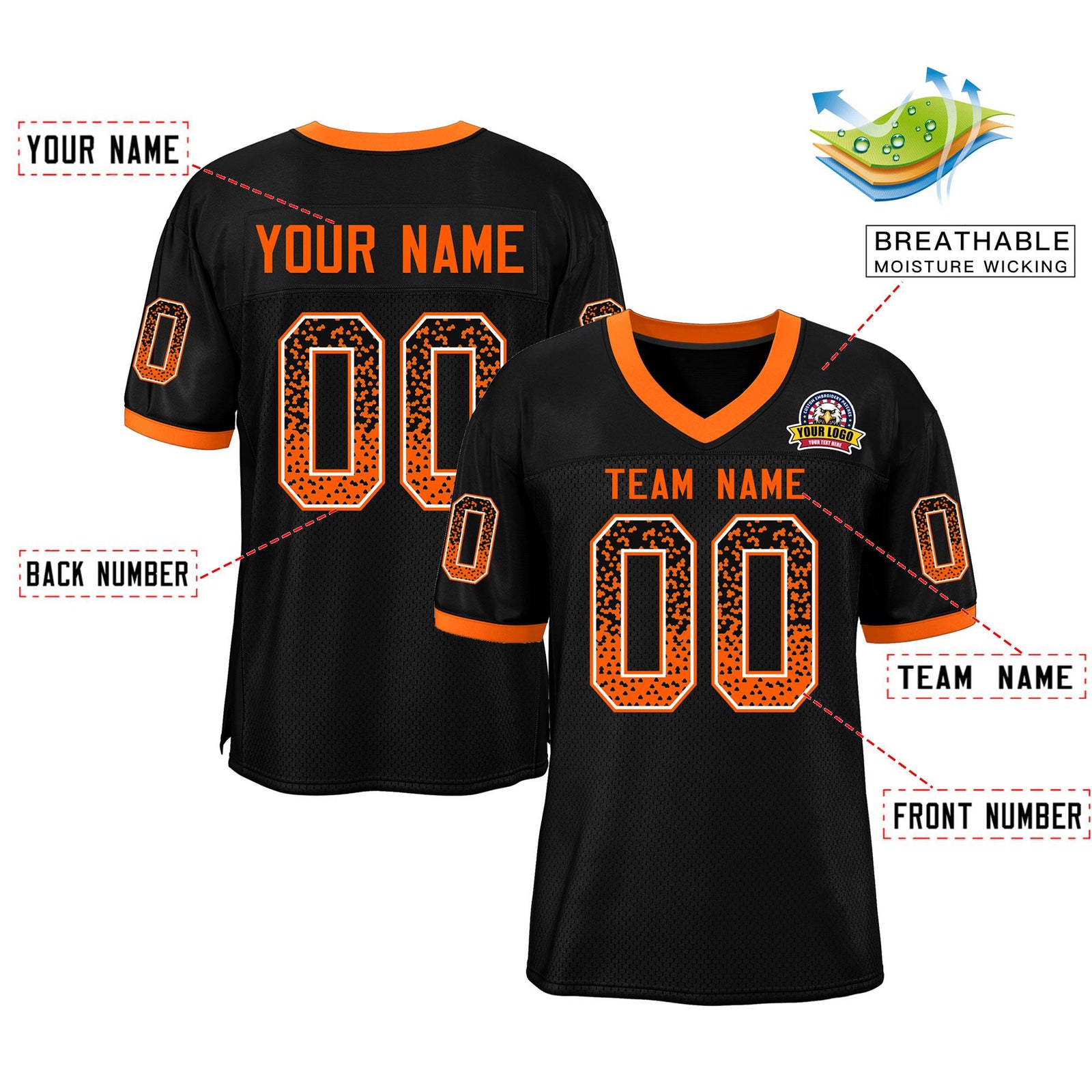 Custom Black Orange-White Drift Fashion Mesh Authentic Football Jersey