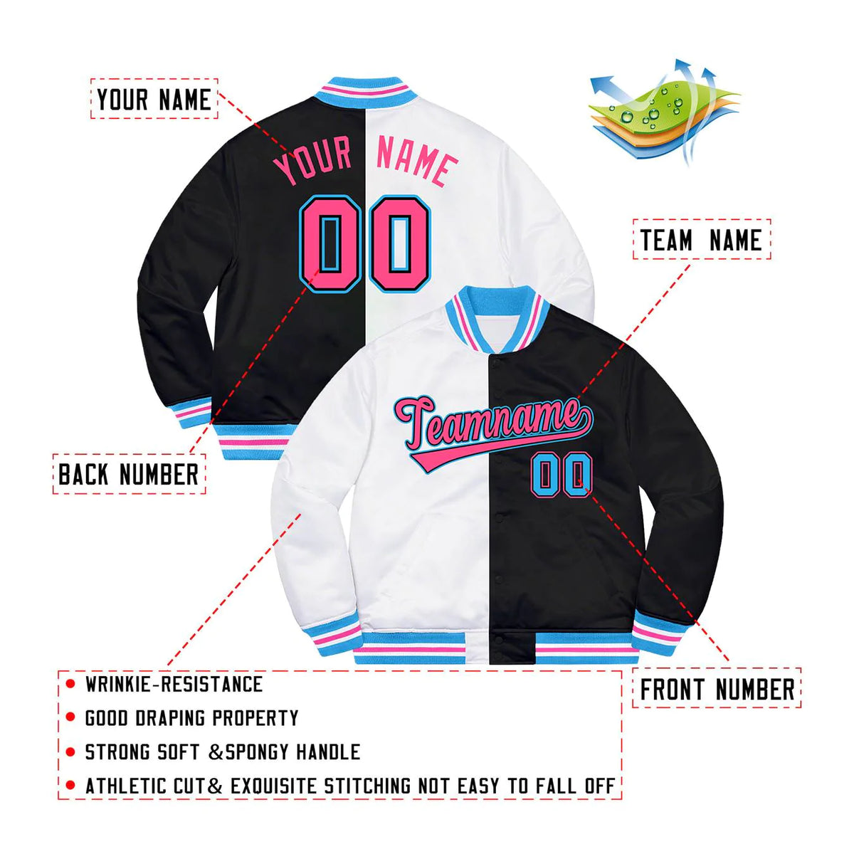 Custom Black White-Pink Letterman Two Tone Split Fashion Bomber Varsity Jacket