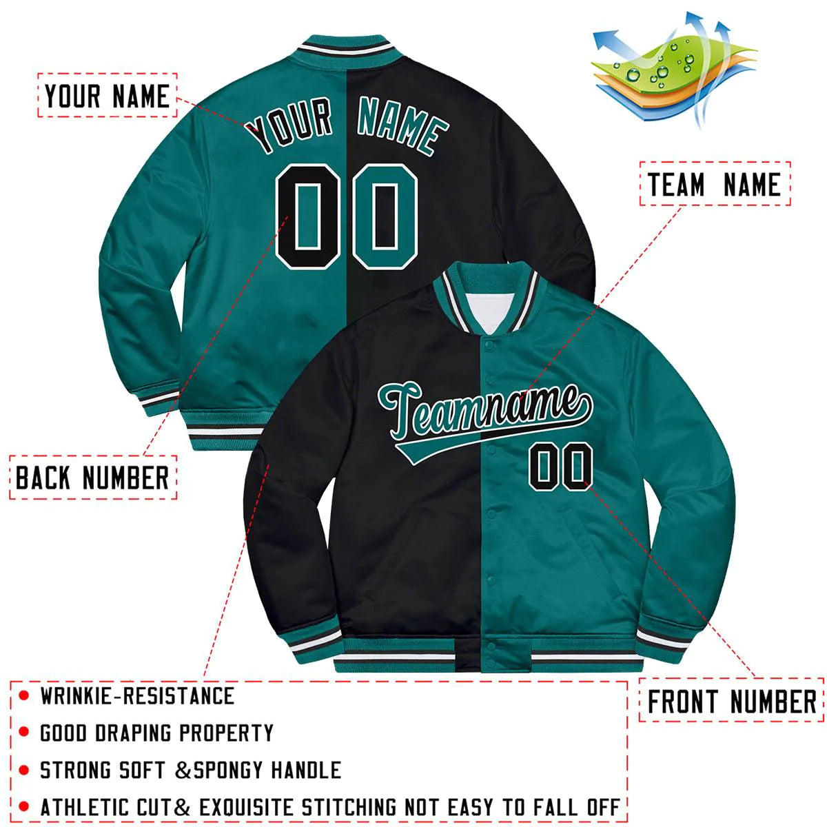 Custom Aqua Black-White Letterman Two Tone Split Fashion Bomber Varsity Jacket