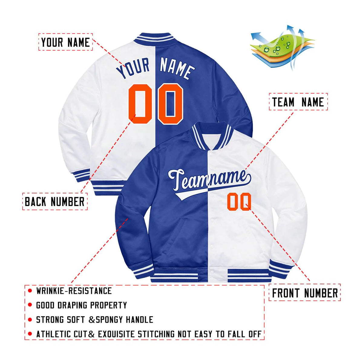 Custom White Royal-Orange Letterman Two Tone Split Fashion Bomber Varsity Jacket