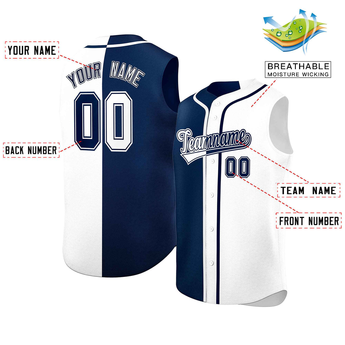 Custom Navy White Split Fashion Design Authentic Sleeveless Baseball Jersey