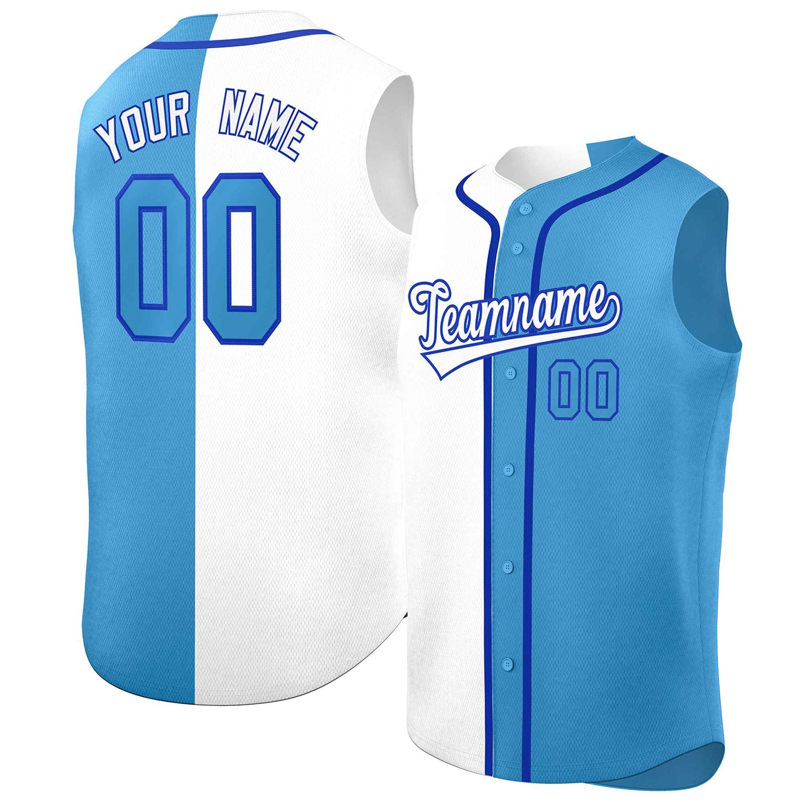 Custom White Light Blue Split Fashion Design Authentic Sleeveless Baseball Jersey