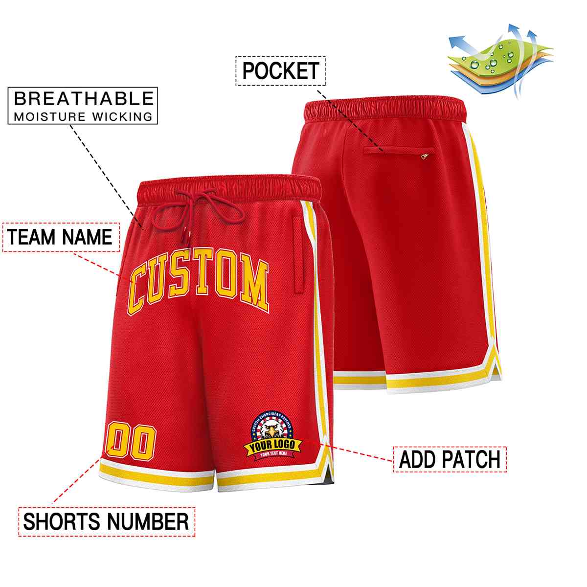Custom Red Gold-White Classic Style Basketball Mesh Shorts
