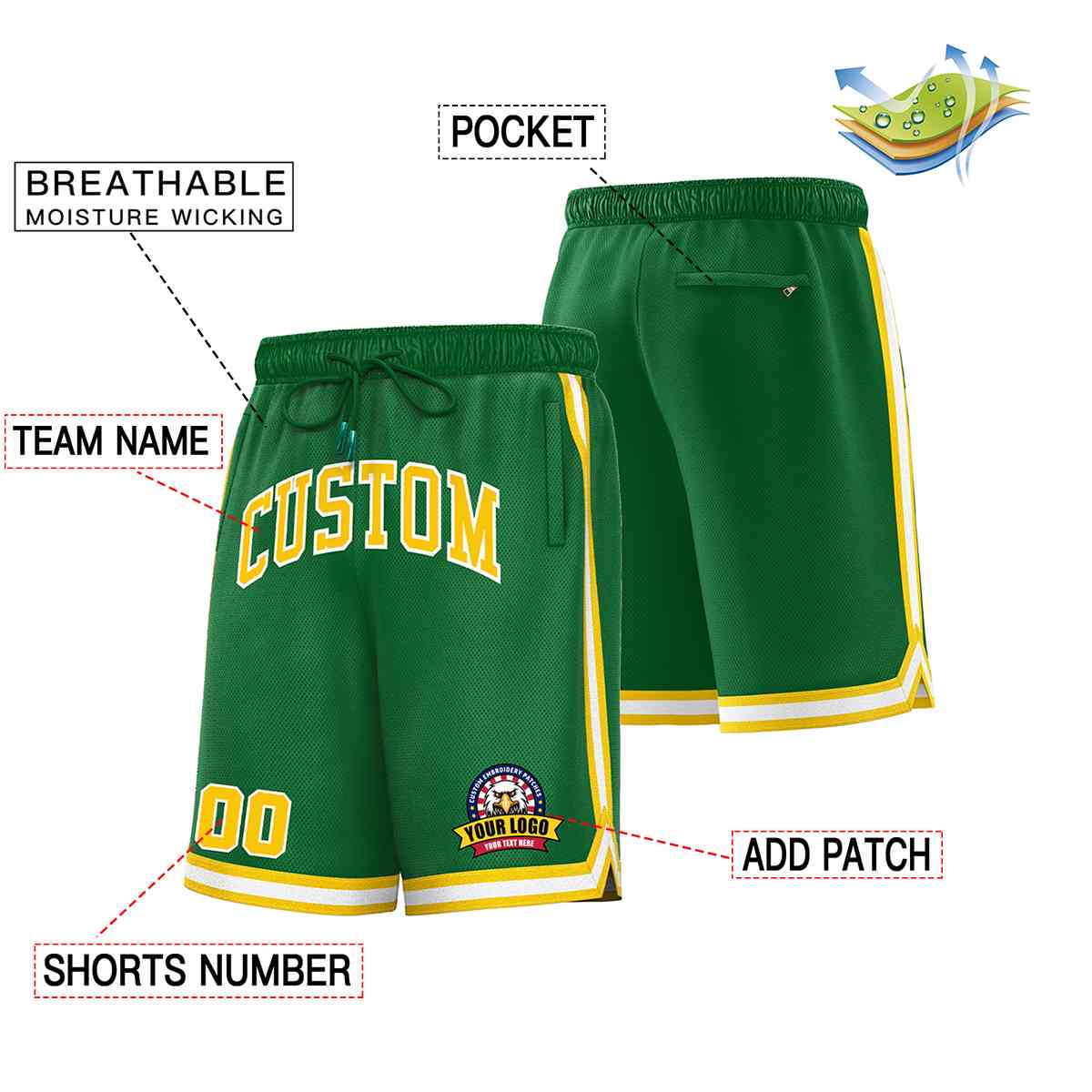 Custom Kelly Green Gold-White Classic Style Basketball Mesh Shorts
